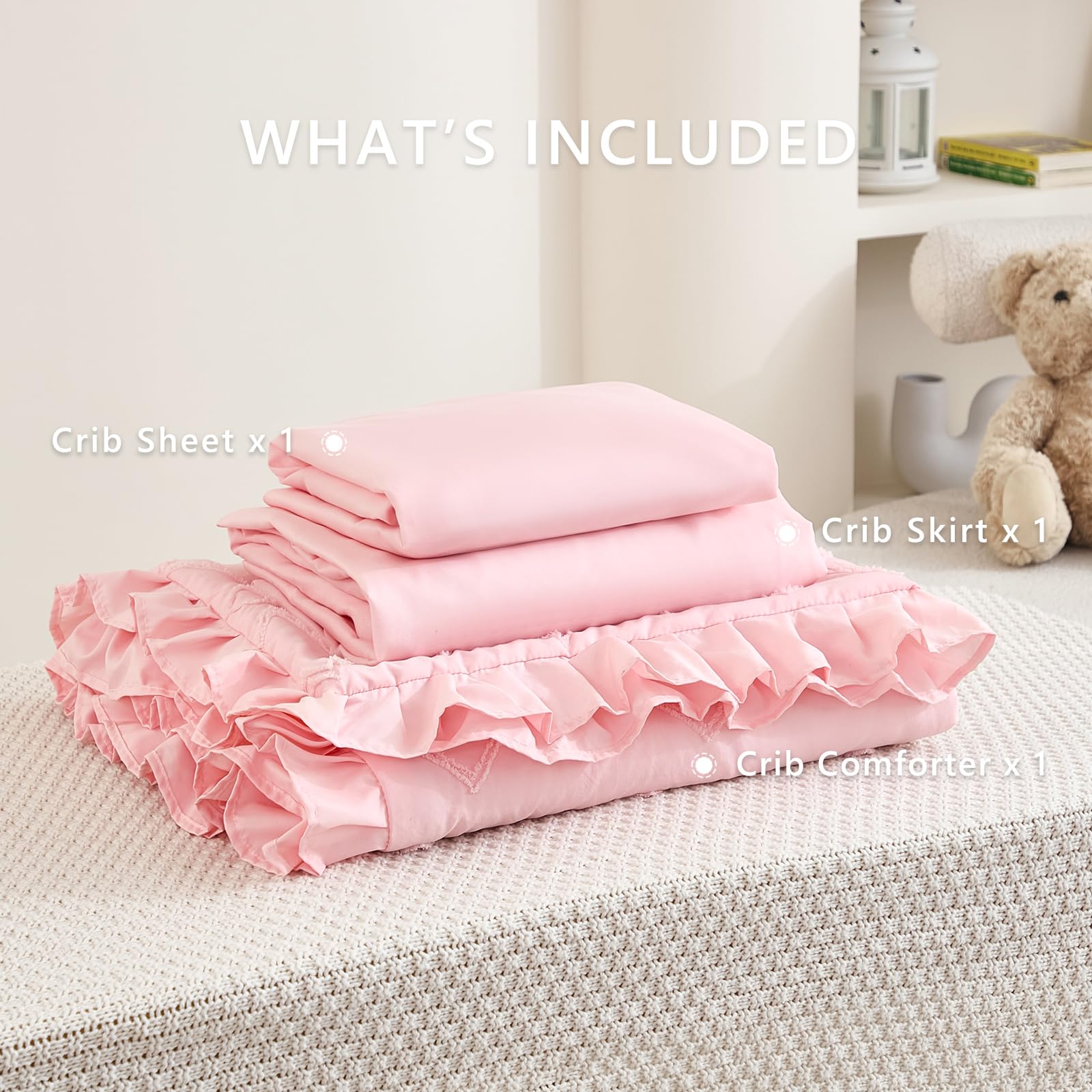 Juego de ropa de cama de 3 piezas para cuna de niñas y niños, juego de ropa de cama suave y lindo que incluye edredón bohemio para cuna, sábana de cuna y falda de cuna (rosa)