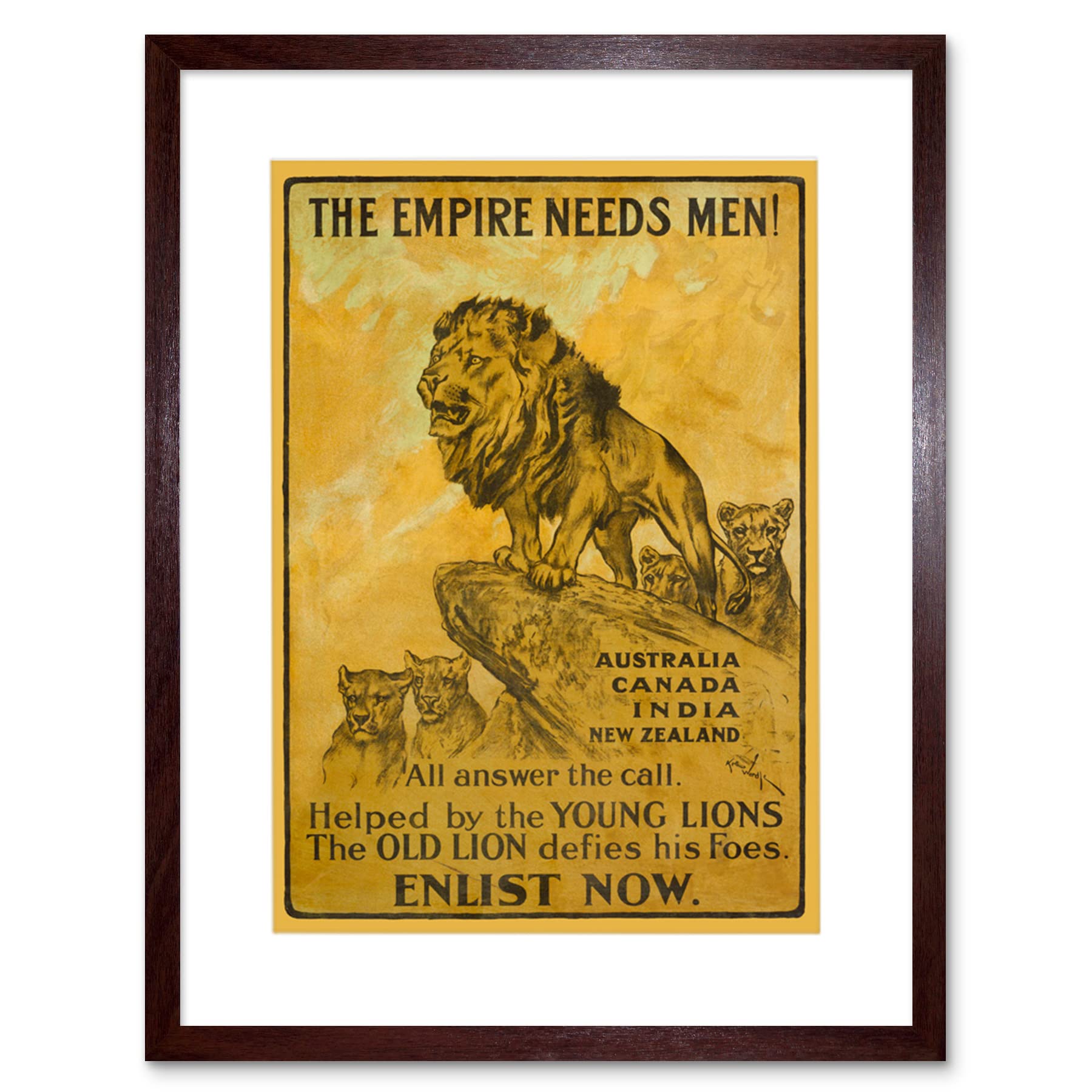 Artery8 War Advert British Empire Enlist Recruit Lions Poster Artwork Framed Wall Art Print 12X16 Inch