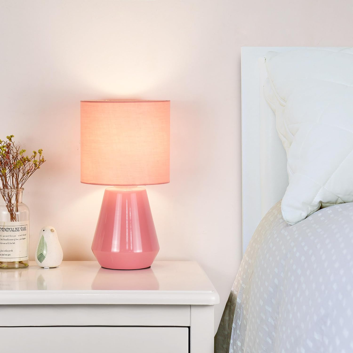 Lampwell Vane Small Ceramic Table Lamp for Living Room and Bedroom,Modern Kids Night Table Lamp,Φ7.09×H13.39IN,Bulb Excluded,Pink