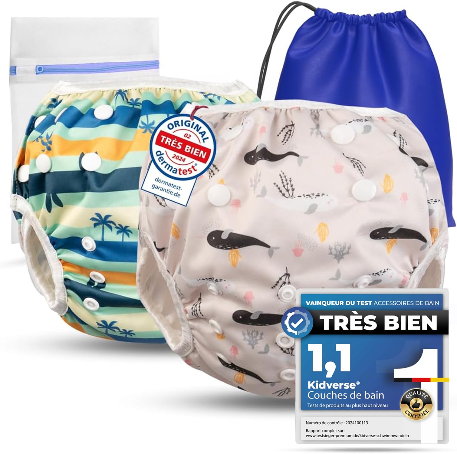 KIDVERSE 2er Set Schwimmwindel Baby 0-3 Jahre - Hautfreundliche Schwimmwindeln wiederverwendbar & saugstark - Baby Schwimmwindel mit Tasche & Wäschenetz (Türkis Beige Whales)