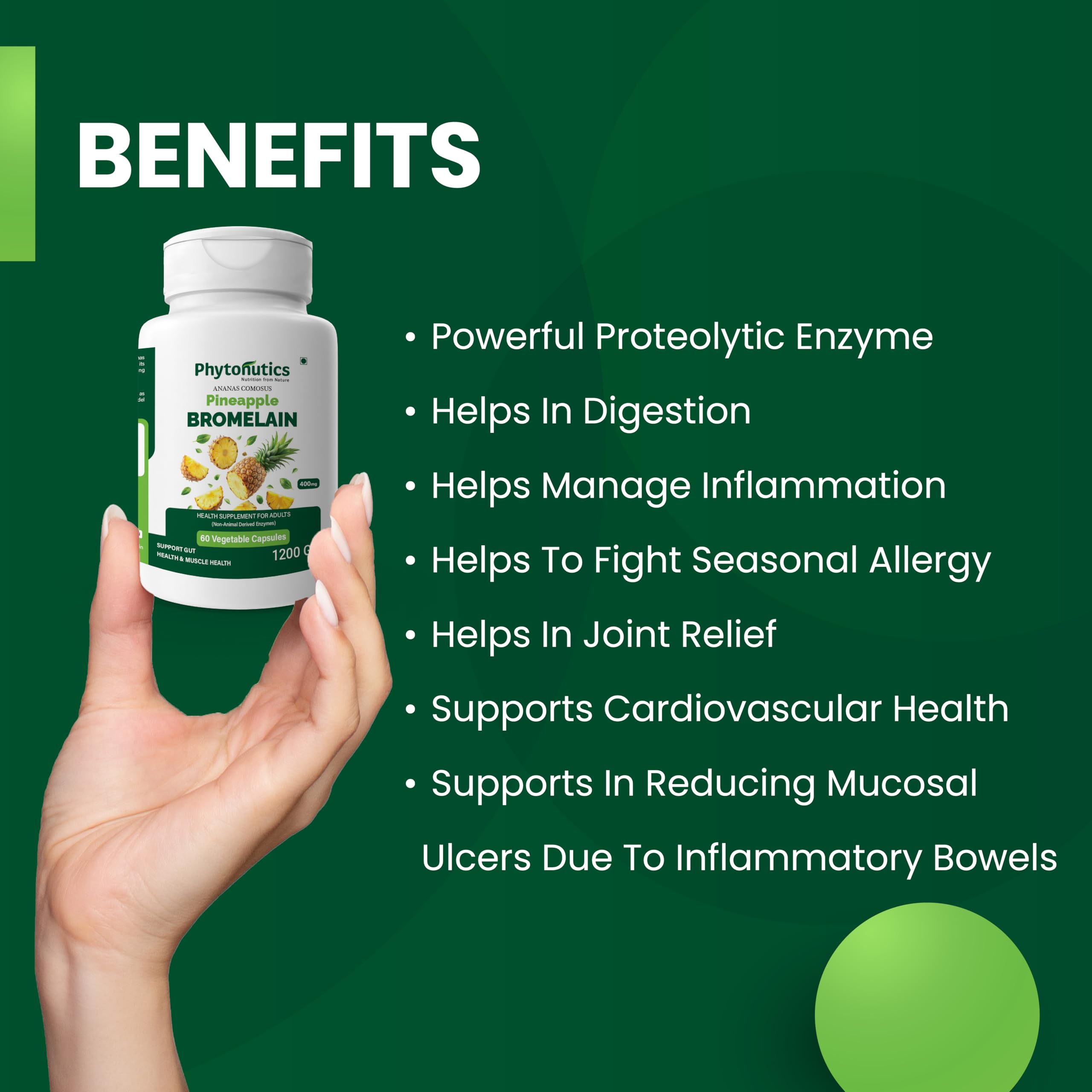 Phytonutics Bromelain Capsules 60 Veg – Pineapple Enzyme Supplement for Digestive Support, Protein Digestion, Gut Health, Bloating Relief, Immunity & Joint Support - 400gms (Pack of 1) 2