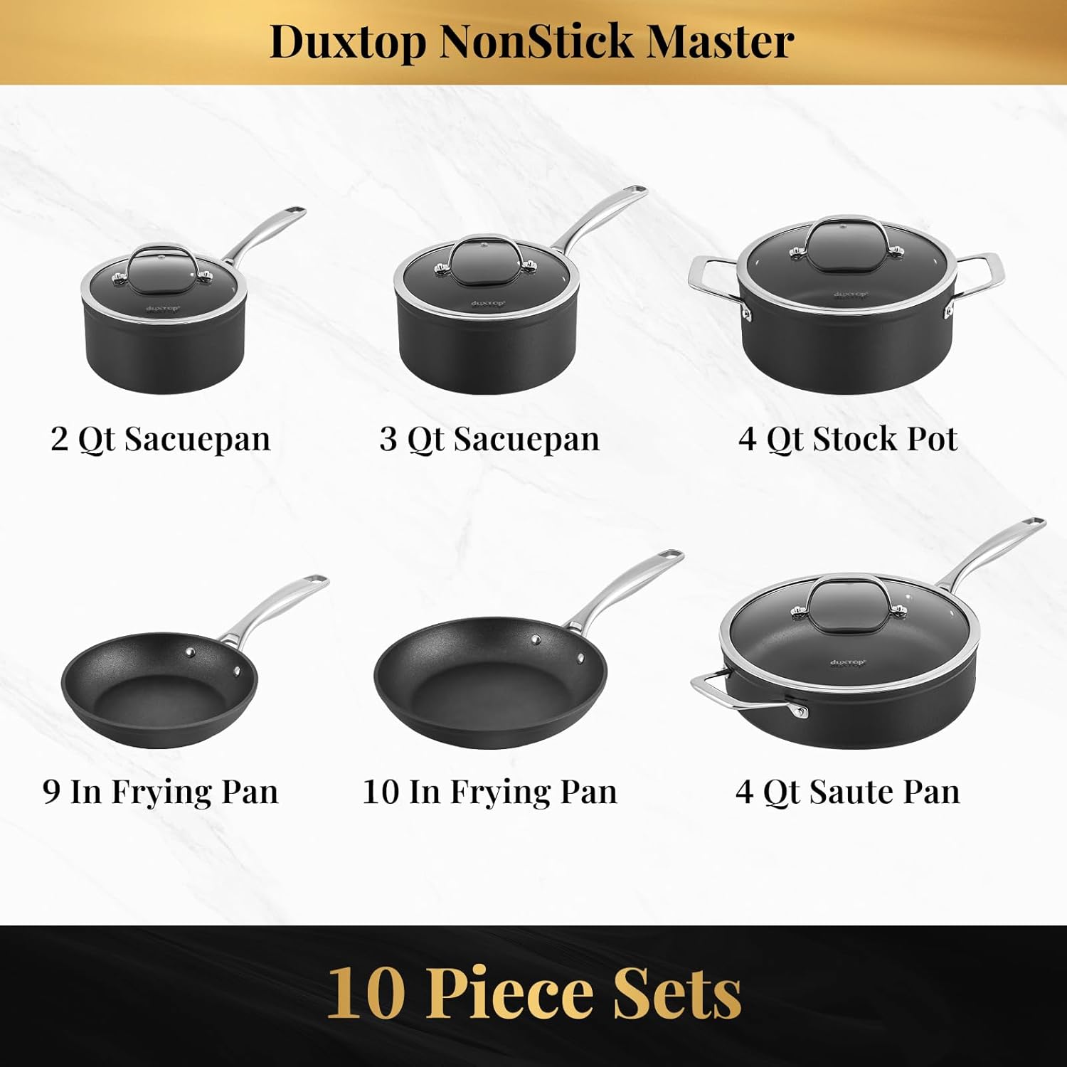 Duxtop Hard-Anodized Nonstick Cookware Set 10 PCS Anti-Scratch Pots and Pans Set, Aluminum Kitchen Induction Cookware PFAS-Free, Oven Safe to 500 °F, Dishwasher Safe, Black