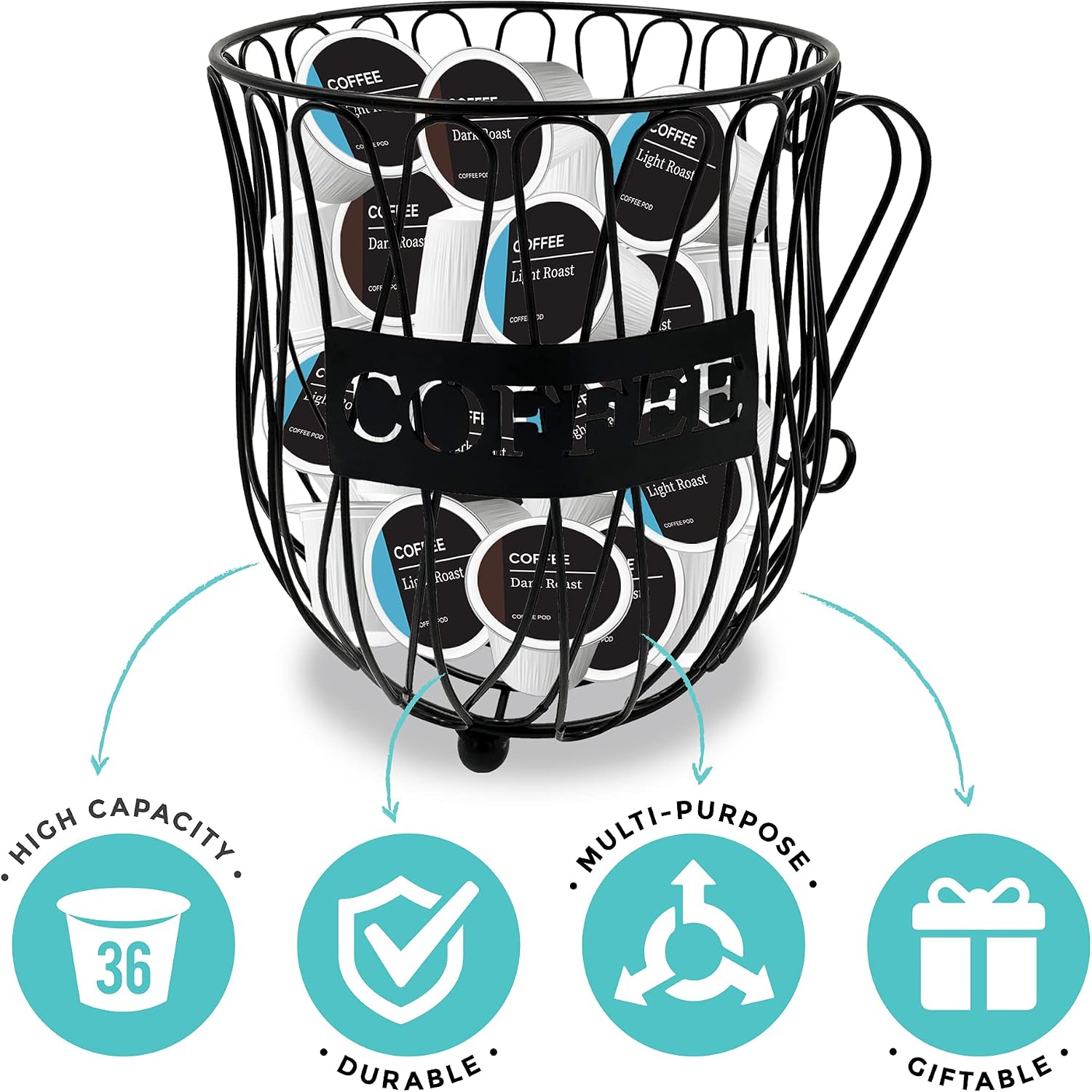 Coffee Pod Holder Capsule Organizer - Coffee Mug Storage Basket Large Capacity Espresso Pod Holder Coffee K Cup Keeper Metal Wire Container with Burlap Placemat for Coffee Counter