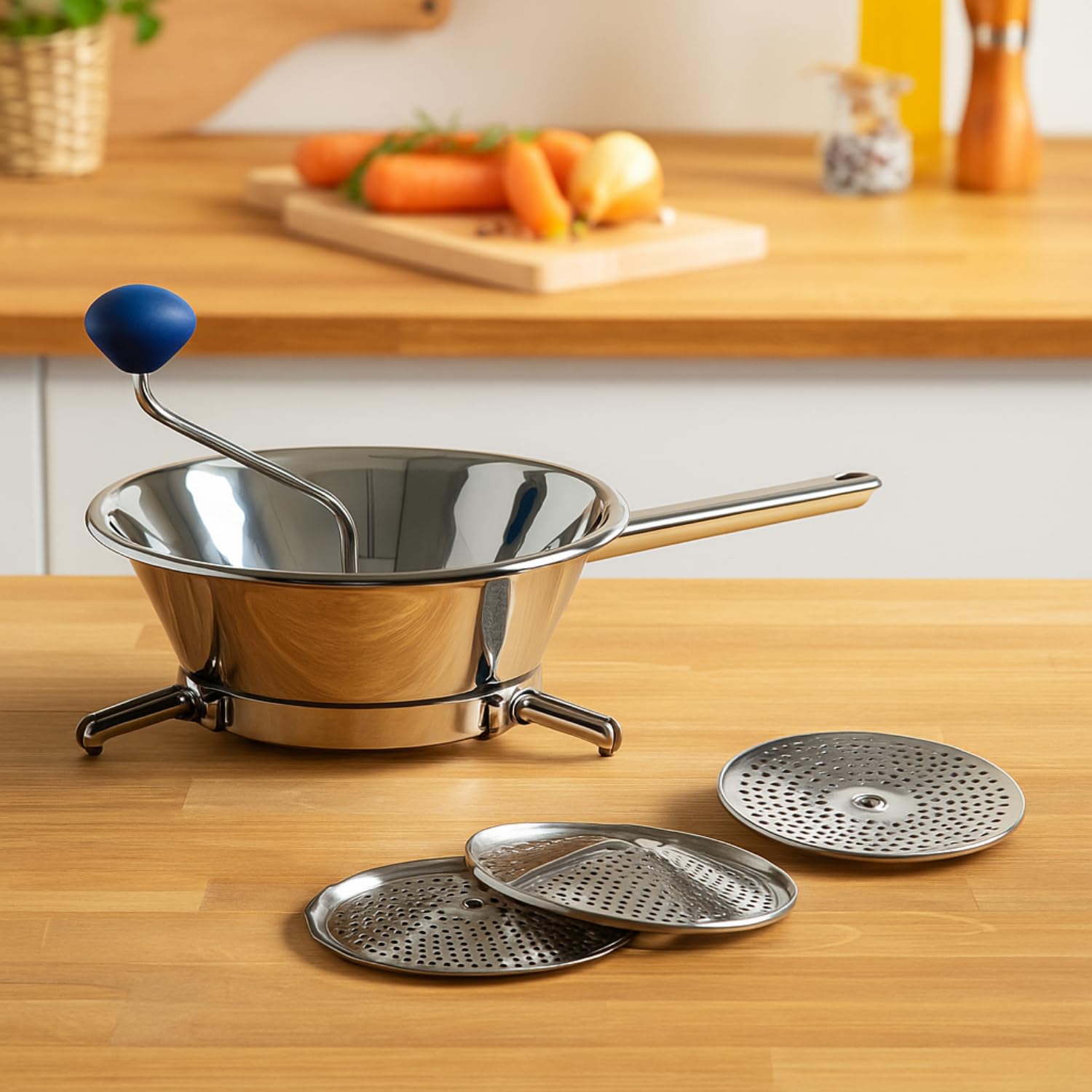 Virsus Passatutto in acciaio inox 18/10, DIAMETRO 24cm, 3 Dischi in dotazione, passaverdure manuale antiruggine per schiacciare patate, verdure, legumi, zuppe, salse, pomodori, Made in Italy