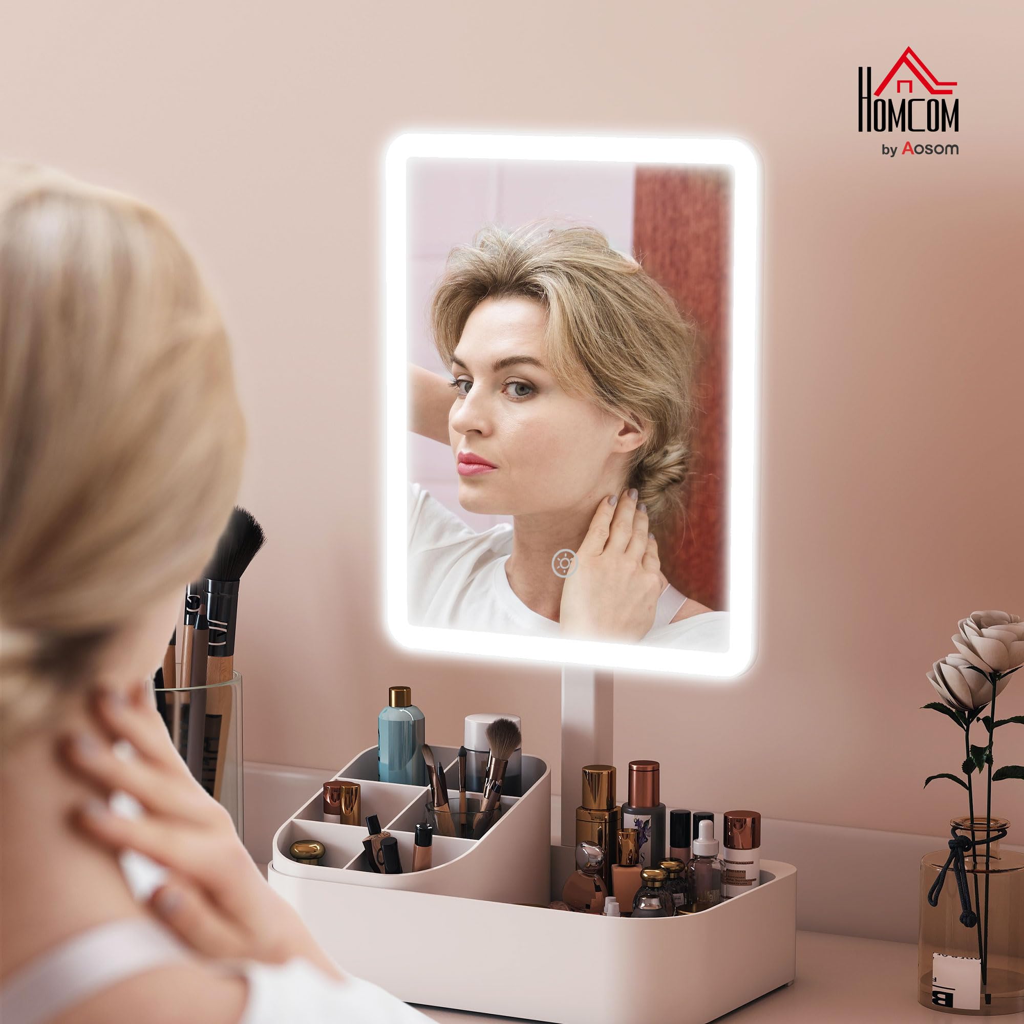 HOMCOM Specchio da Trucco con Luce Dimmerabile, Specchio Illuminato con Regolazione Touch, 2 Modalità di Illuminazione, Rotazione 180°, Specchio Rimovibile e Organizer per Trucchi, Bianco