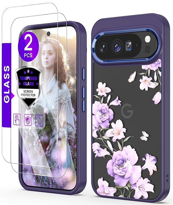 DagoRoo for Google 9/9 Pro Case+Tempered Glass Screen Protector, [Military Grade Protective] Slim Soft TPU & Hard PC,Girls Women Crystal Clear Flower Pattern Case Cover for Pixel 9/9 Pro-Deep Purple by DagoRoo - Used condition - US$6.06