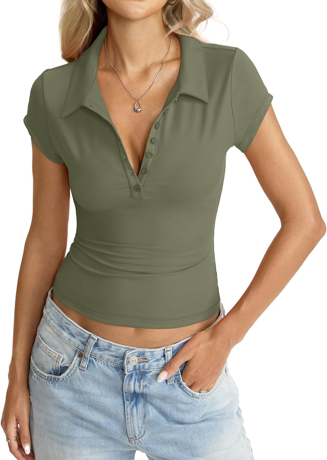 Womens Polo Shirts Deep V Neck Cap Sleeve Tops Collared Sexy Summer Tee Button Down Business Casual Clothes 2026