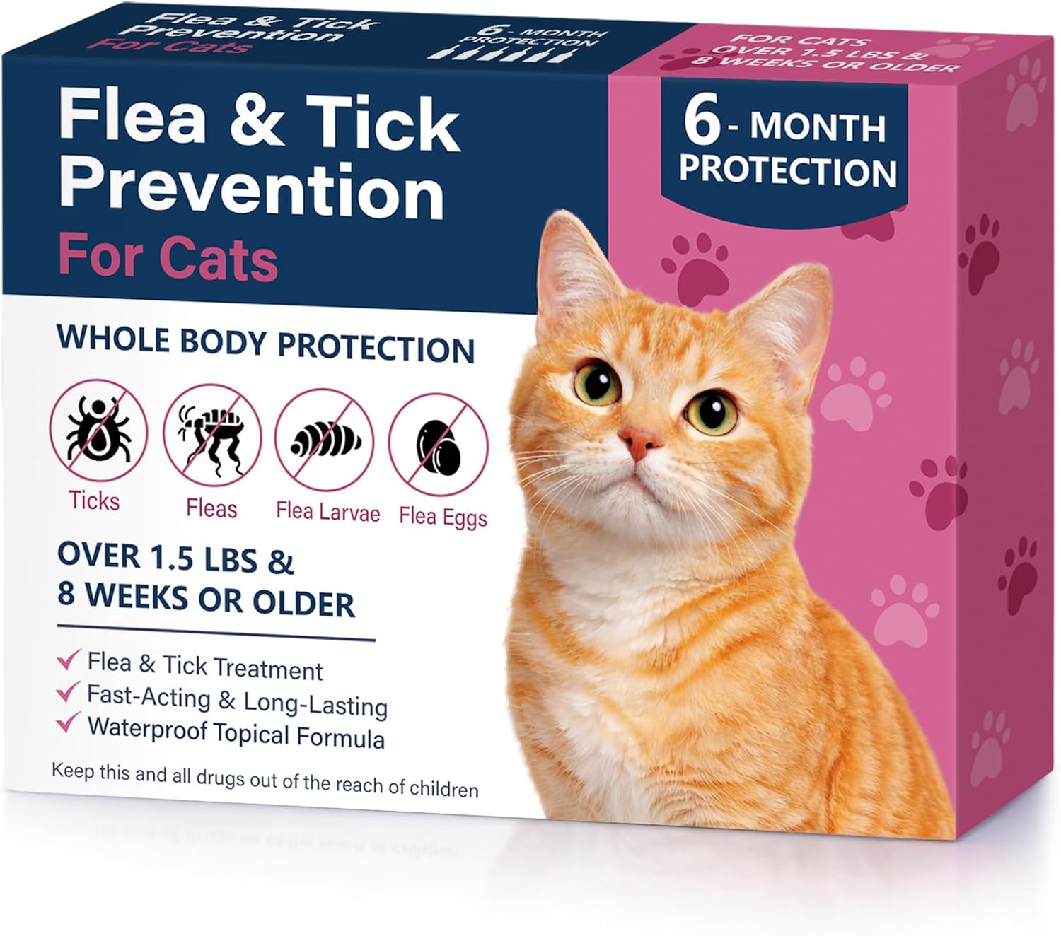 Topical Flea and Tick for Cats Over 1.5 lbs and 8 Weeks, Fast-Acting & Long-Lasting, Waterproof Drops, 6 Doses
