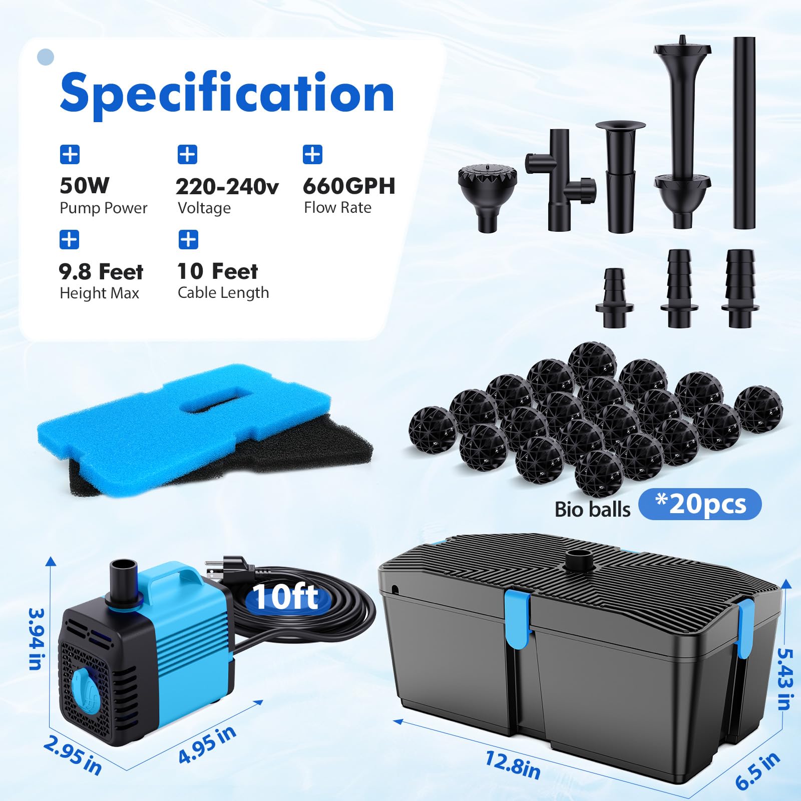 Pompe de bassin 50W avec filtre et kit de filtration immergée