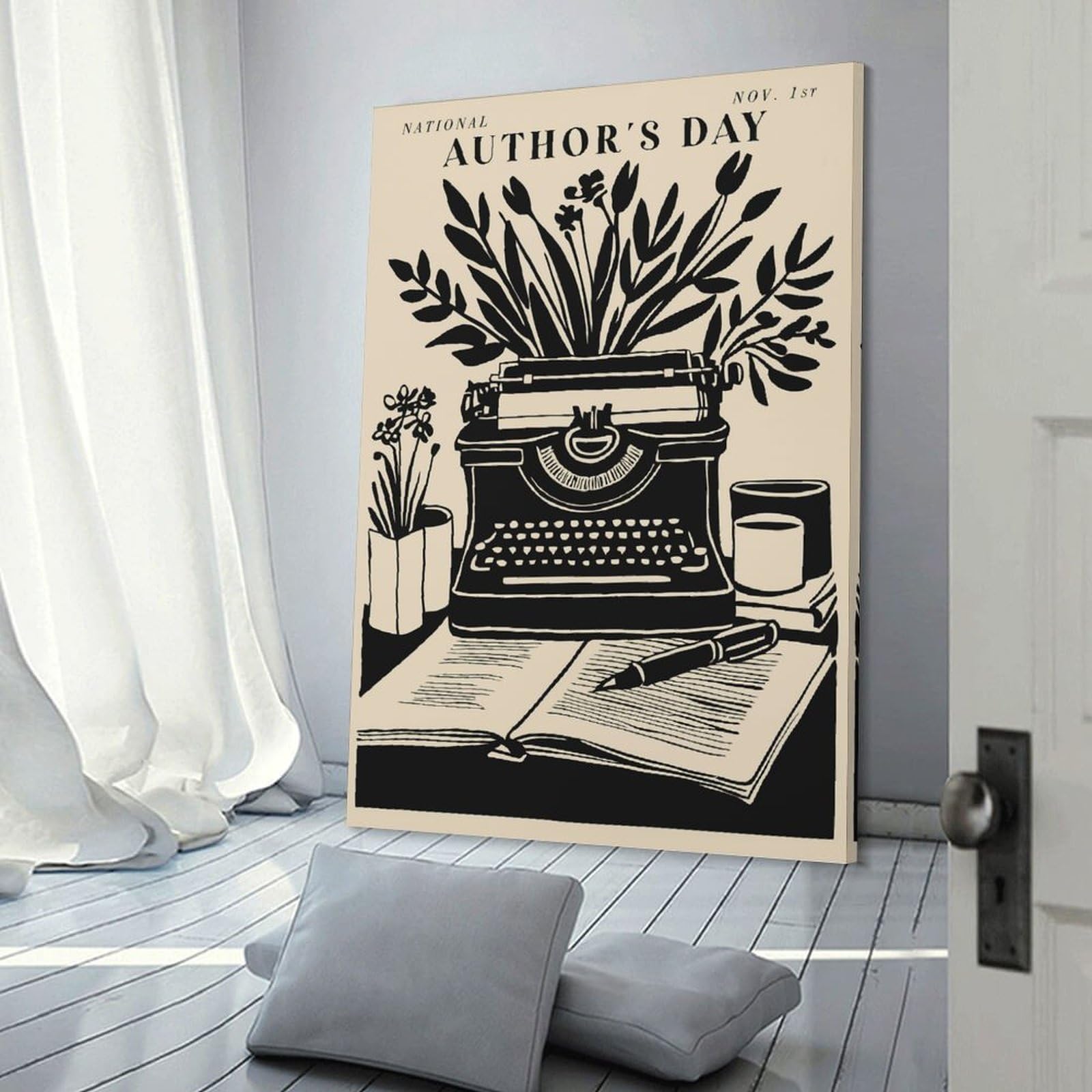 Junmoney Decorative Canvas Print National Authors Day Typewriter And Flowers, 24x36inch(60x90cm), for Entrance Walls, Hall Decor Or Foyers, A Stylish Accent for Home Entrances