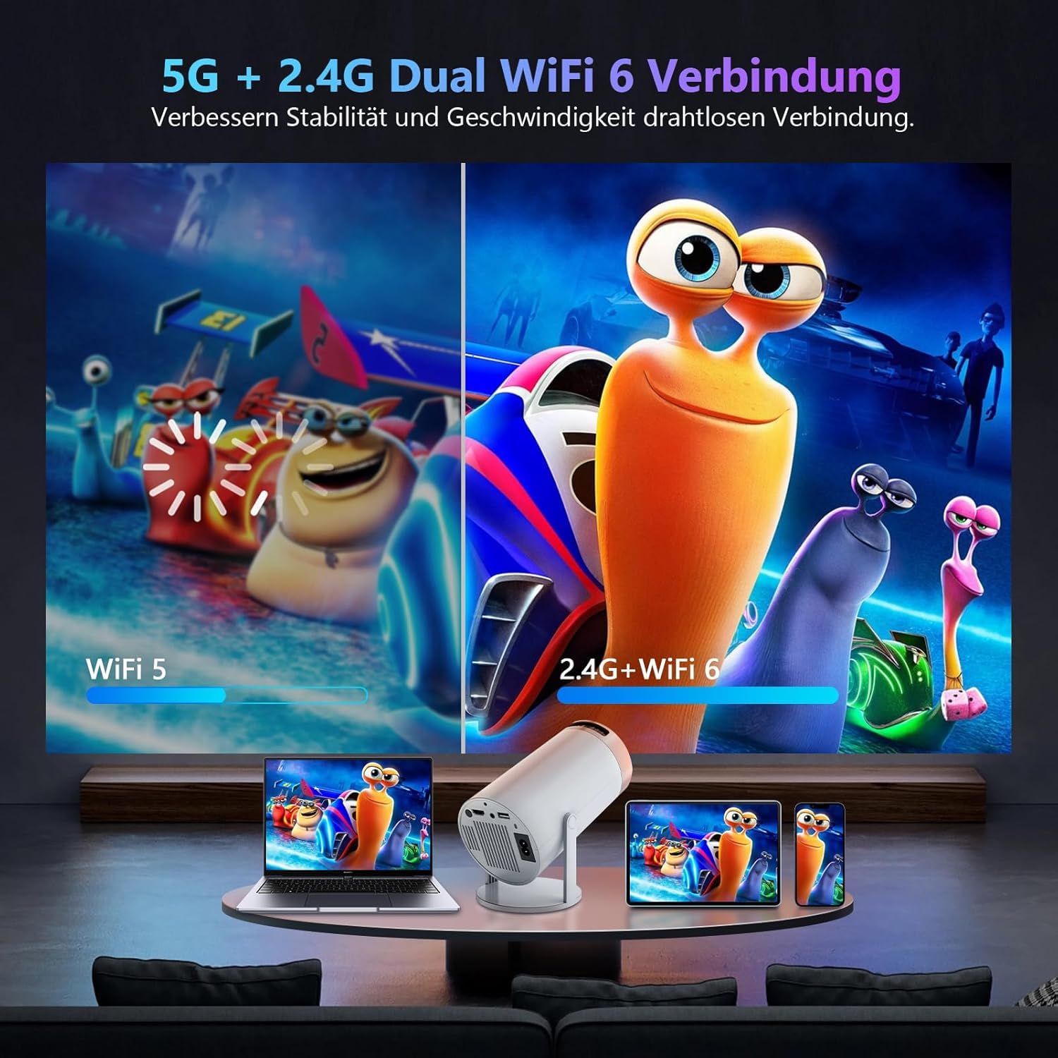 4K mini con WiFi e Bluetooth Proiettore Intelligente Android Supporto 1080P Videoproiettore Keystone Automatico Proiettore da Esterno per Telefono TV Stick Laptop