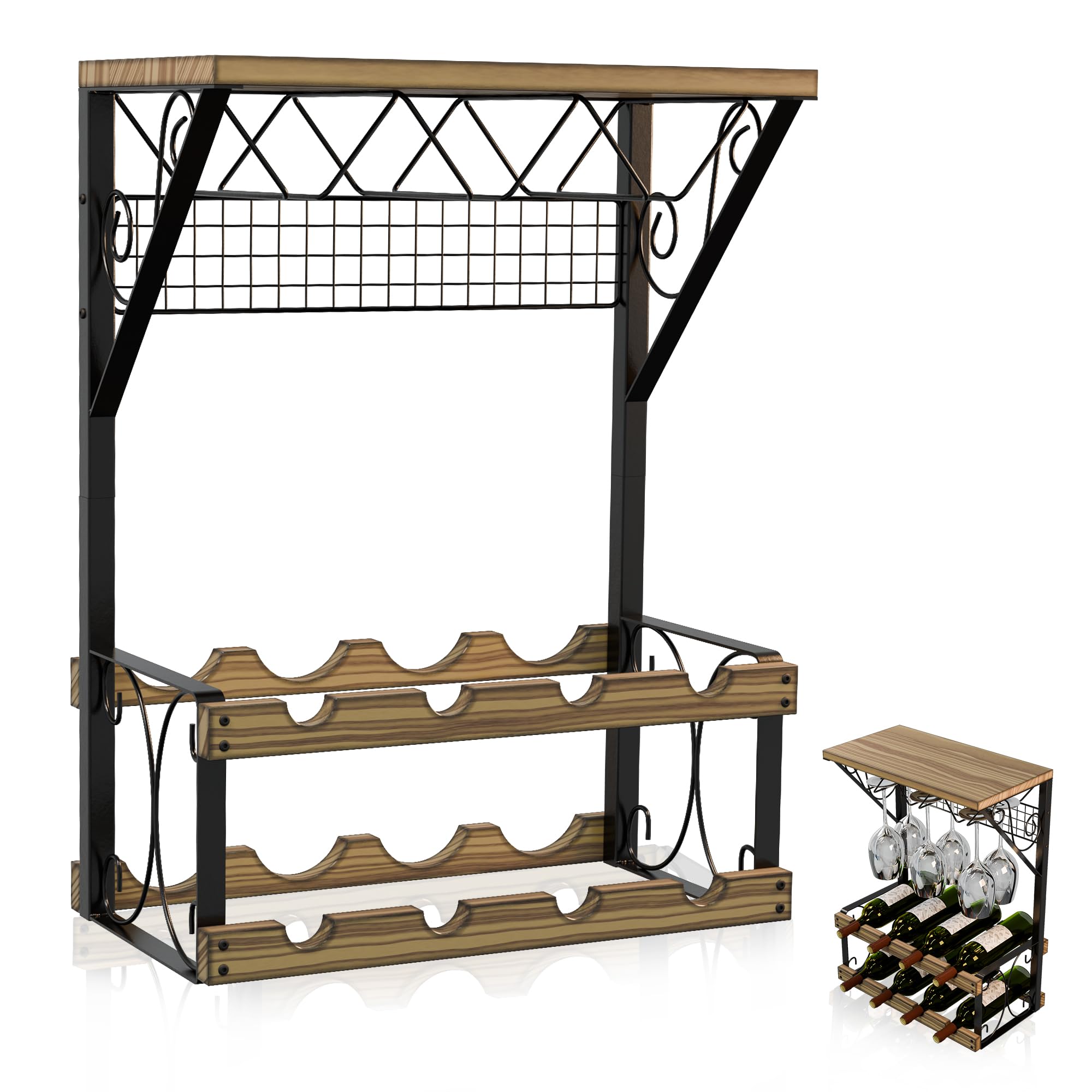 NAVERIT | Botellero de Vino Compacto en Madera y Metal, Mueble de Vino para 8 Botellas y 6 Copas, diseño rústico para encimeras y mesas | Suporte Compacto para vinho e Copos, Ideal para organização