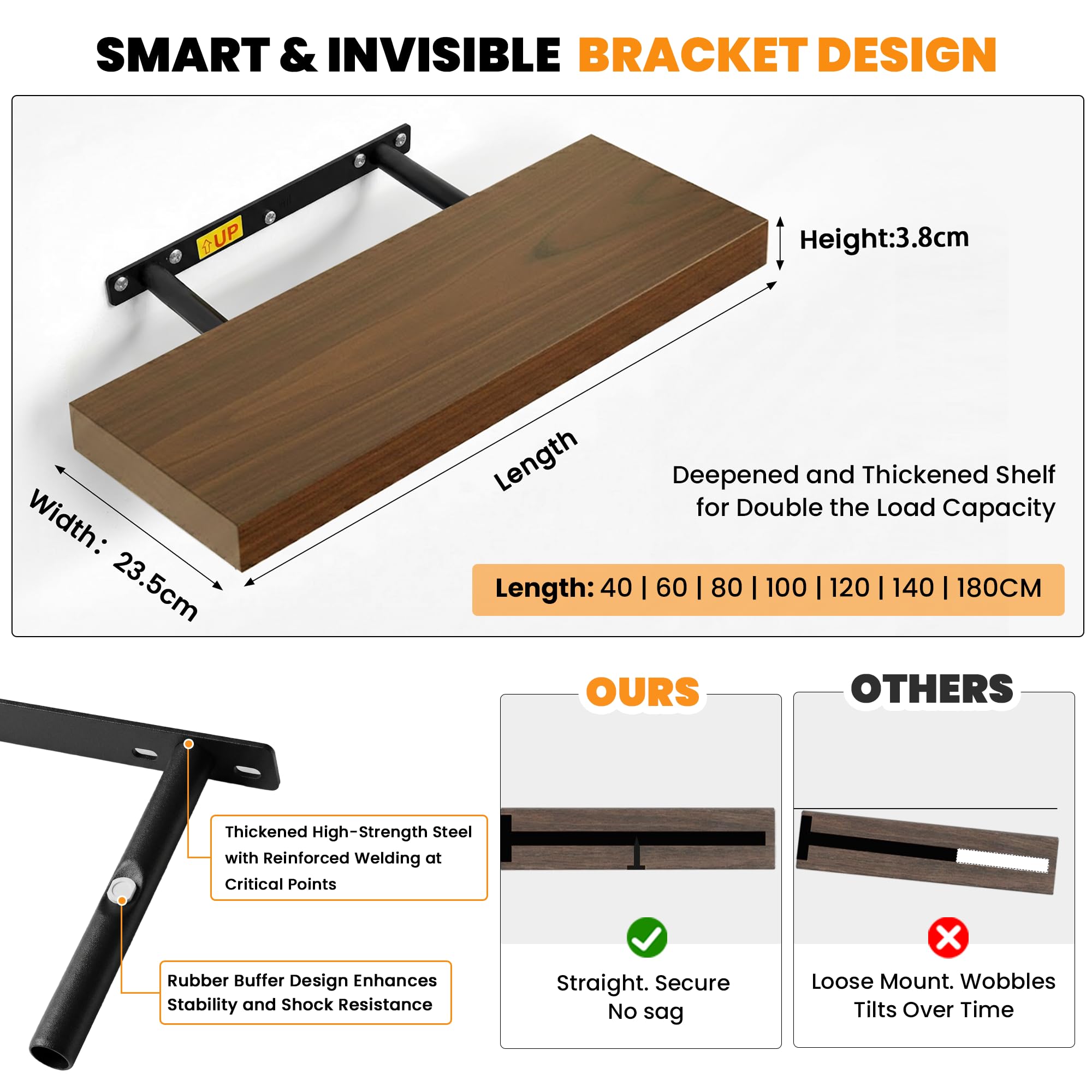 RICHER HOUSE Braun - Juego de 2 estantes de pared (60 x 23,5 x 3,8 cm, tablero de fibra de densidad media) | Estantería de madera para pared, con soportes invisibles, para dormitorio, salón, baño, cocina, lavandería, oficina