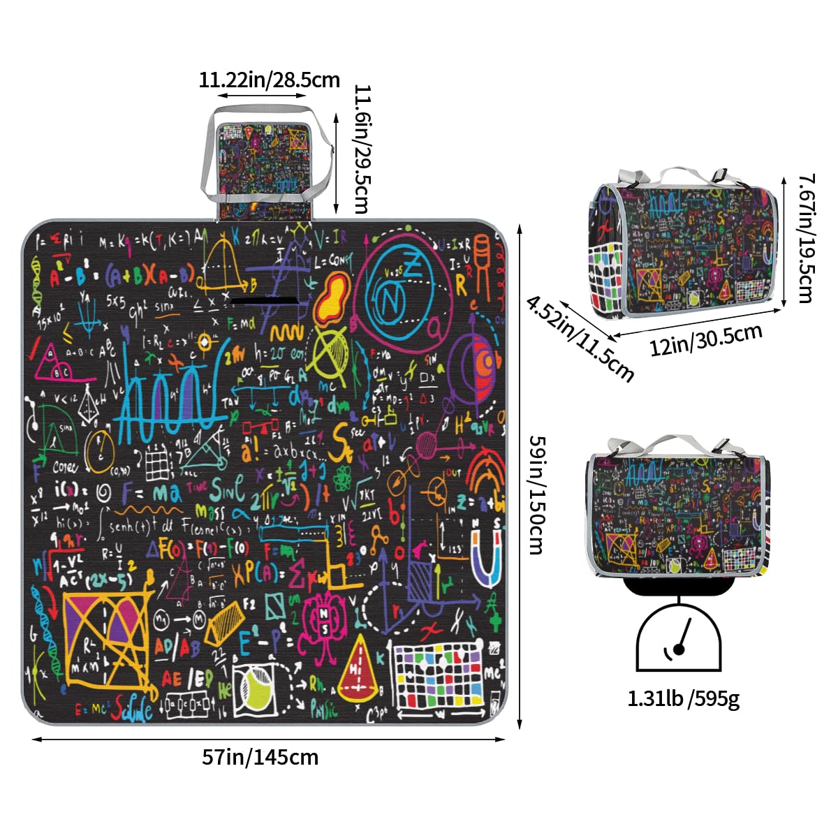 Shimoshe Picnic Blankets 57”x 59”, Educational Physics Math Formulas Prints Waterproof Sandproof Picnic Mat Lightweight Foldable Beach Blanket for Camping Park Grass Beach Outdoor Blanket