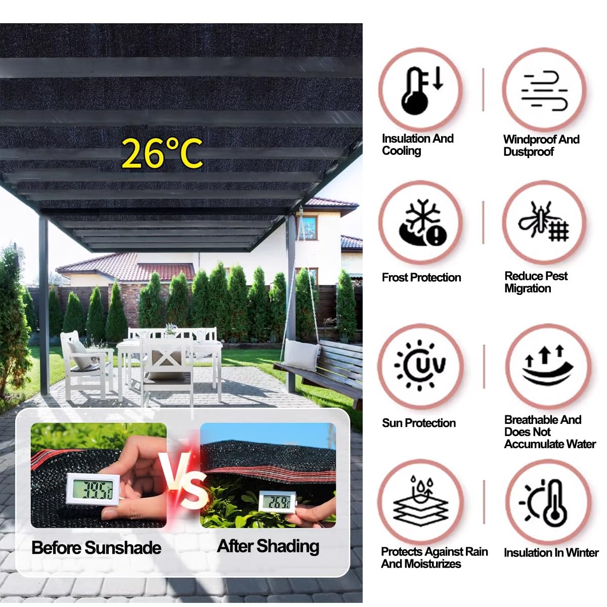 Ściereczka przeciwsłoneczna na patio, Pera i taras, 90% ochrona przed promieniowaniem UV, siatka do hodowli i roślin, różne rozmiary z przelotkami (2 x 8 m do 8 x 12 m)