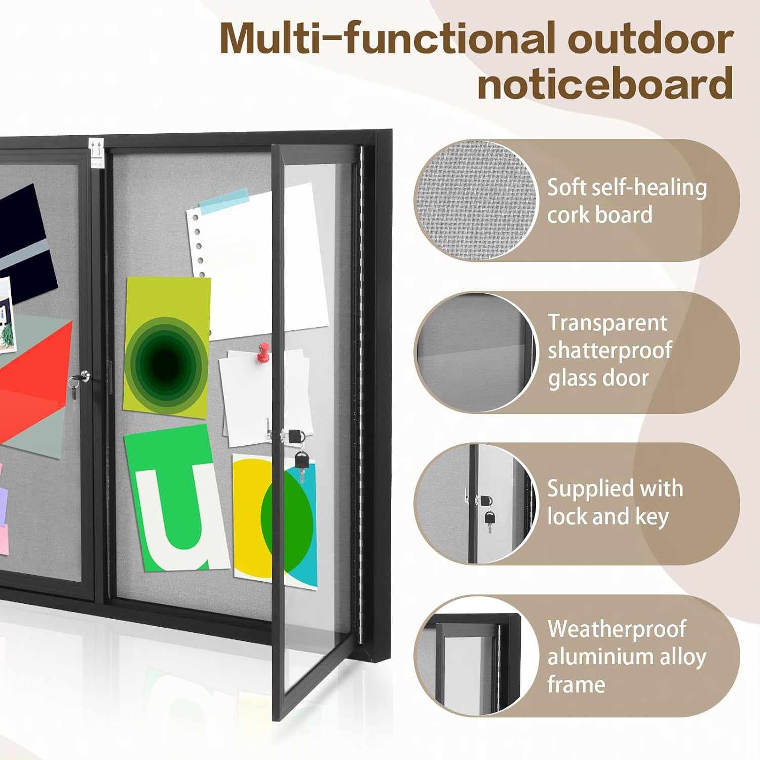 Generic Tamper-Proof Lockable Noticeboard Aluminum Frame Weather Resistant Wall Mounted Notice Case with Glass Locking Door for Office Classroom Commercial