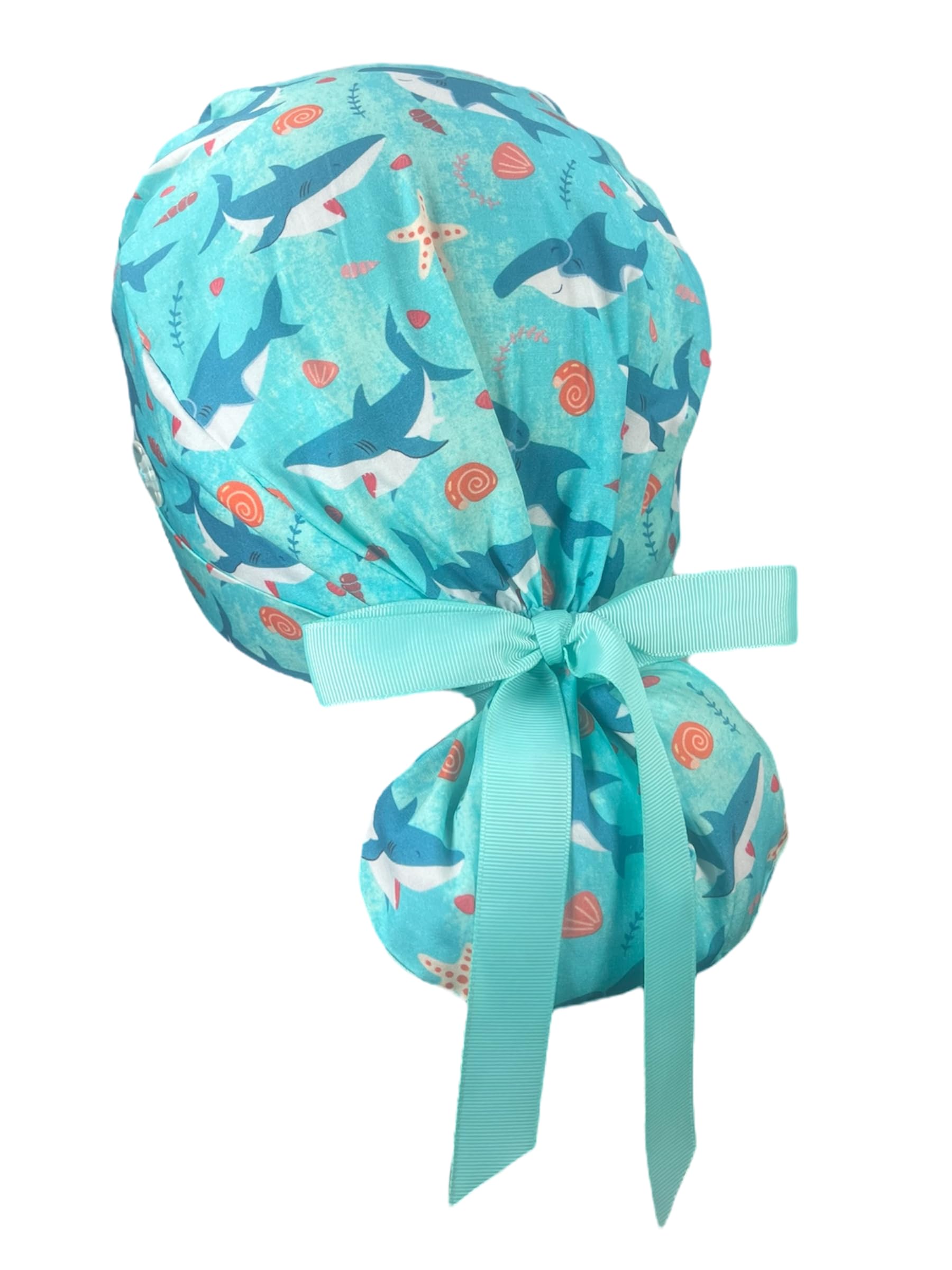 Scrub Cap for Women and Men, Ponytail Scrub Caps, Working Hat, Head Cover with Ribbon Ties and Buttons, Long Hair