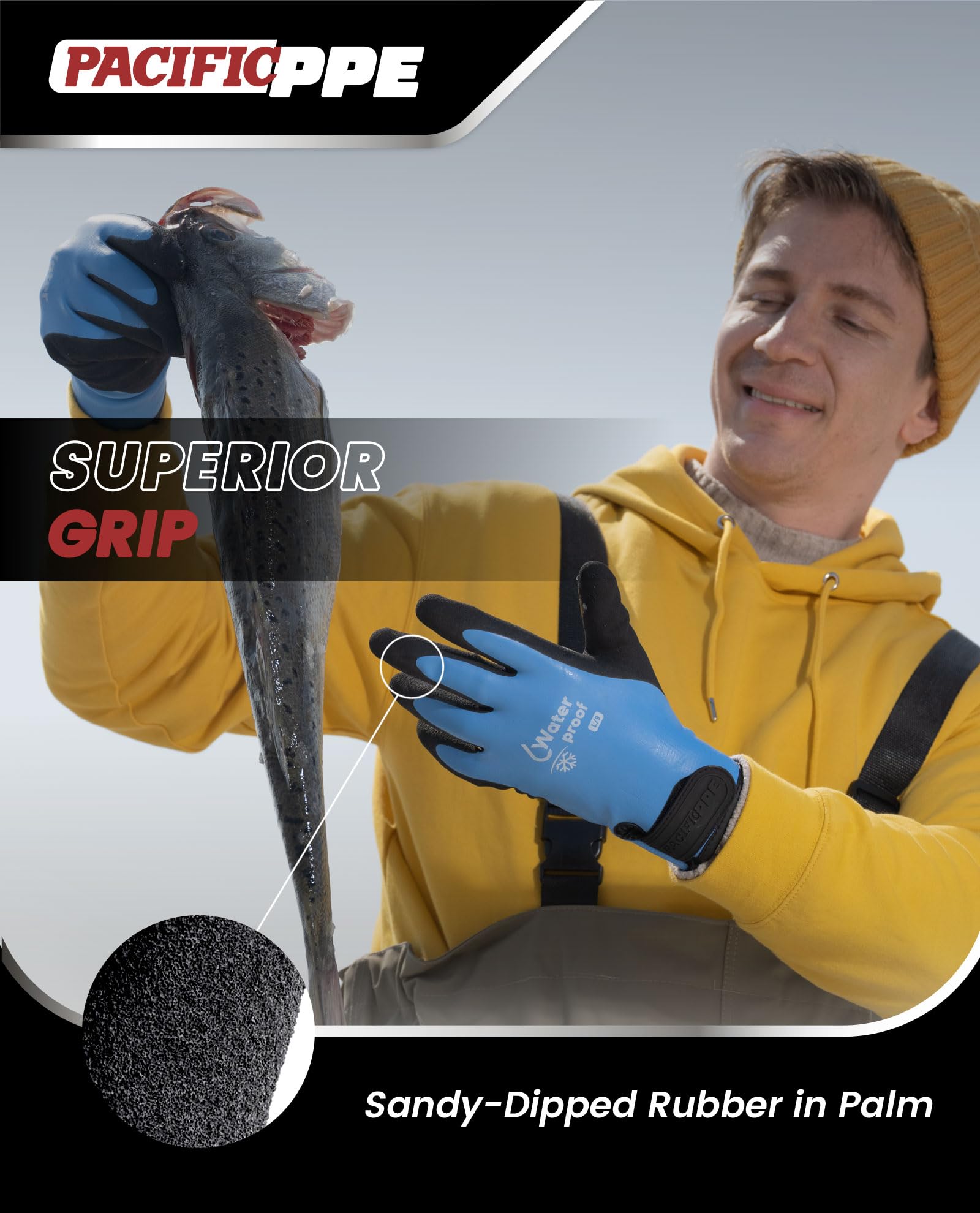 PACIFIC PPE Winter Work Gloves for Men and Women, 100% Waterproof Thermal Insulated Freezer Gloves for Cold Weather, Super Grip, Blue, Large
