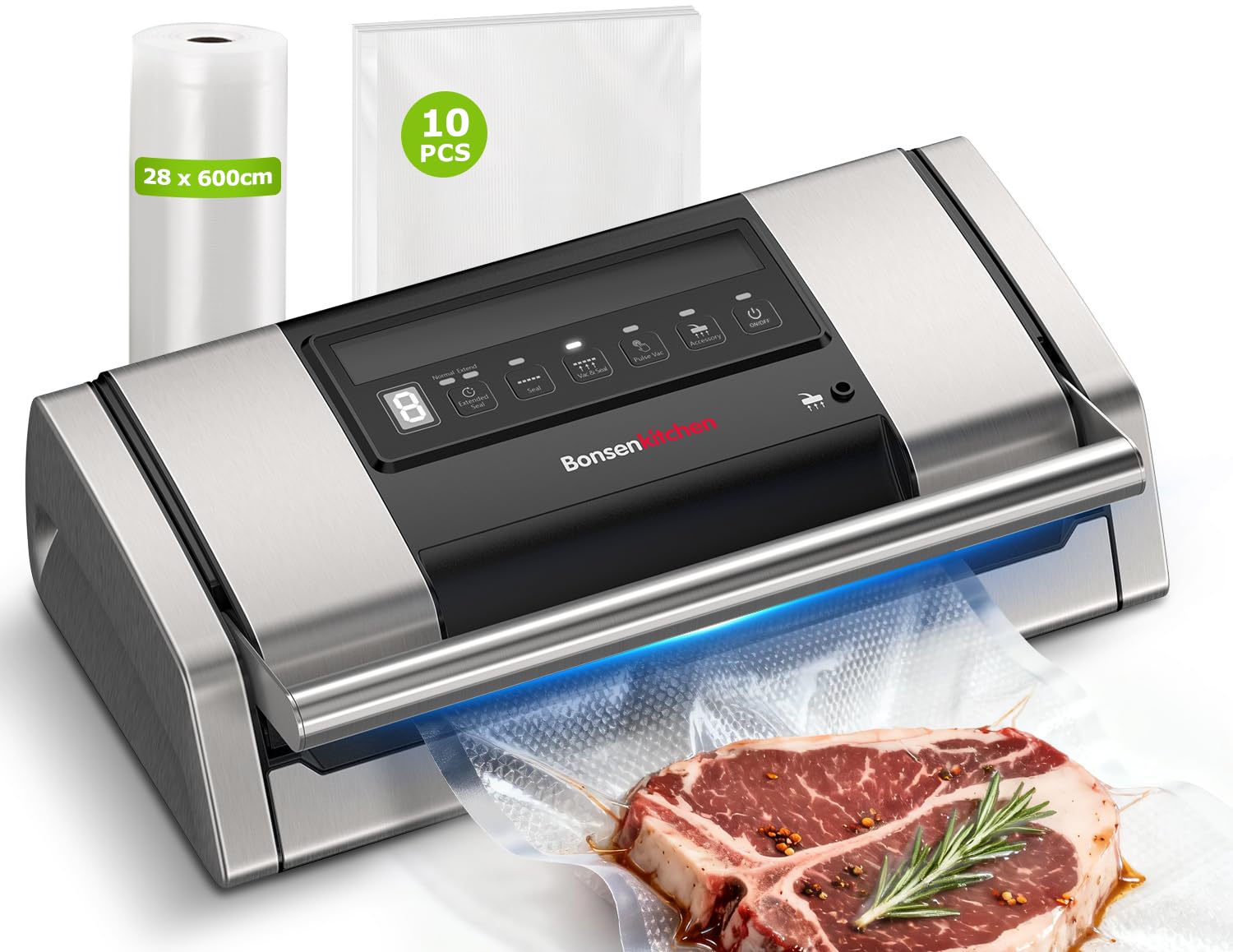 Bonsenkitchen Vakuumiergerät 15 L/min, Vakuumierer mit Beutelclip, Griffverriegelung und Integrierter Schneider, für Sous-Vide-Garen und Essenszubereitung