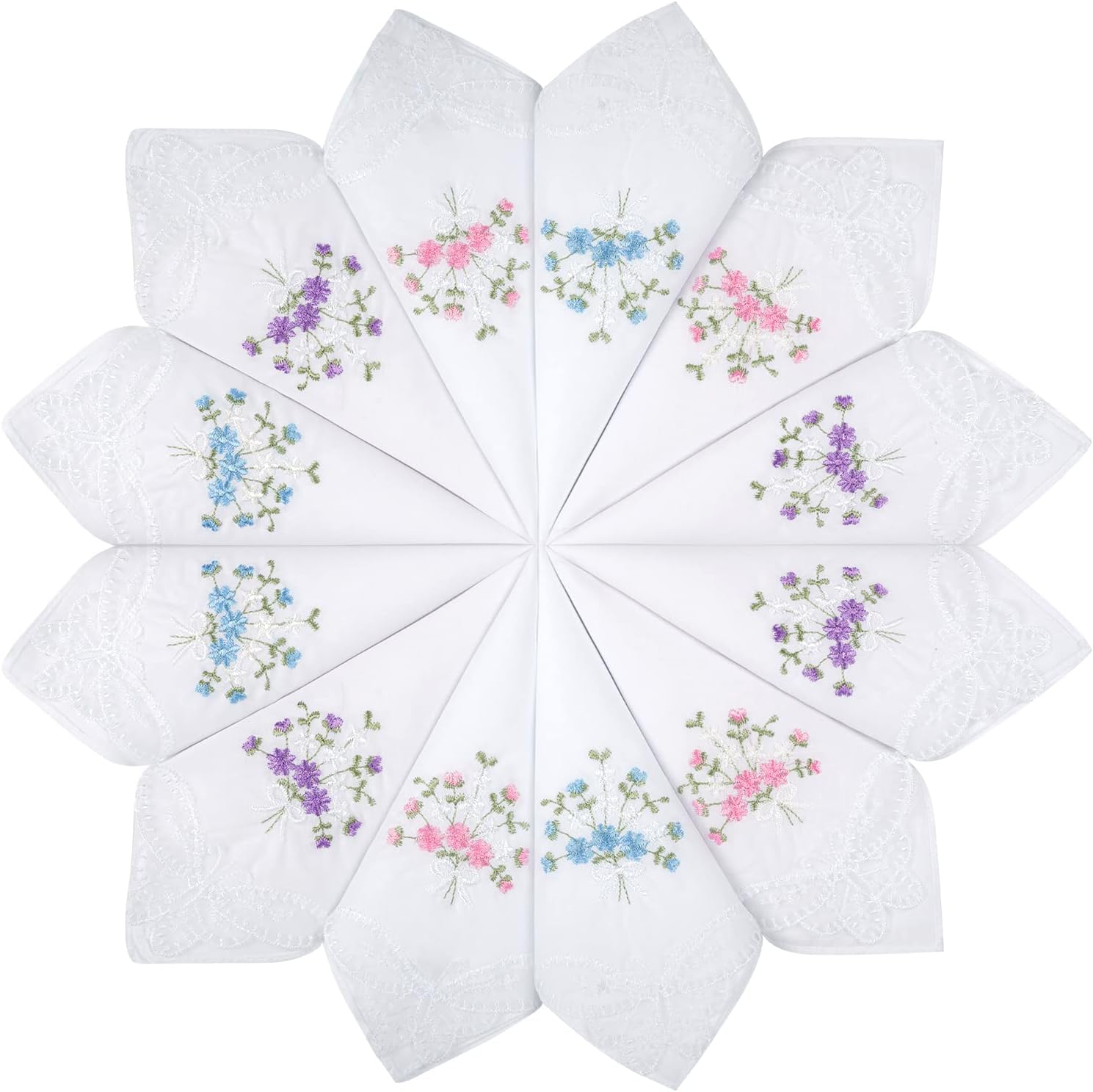 Selected Hanky Women's Cotton Handkerchiefs Flower Embroidered with Lace, Ladies Hankies 12 Pcs - Assorted