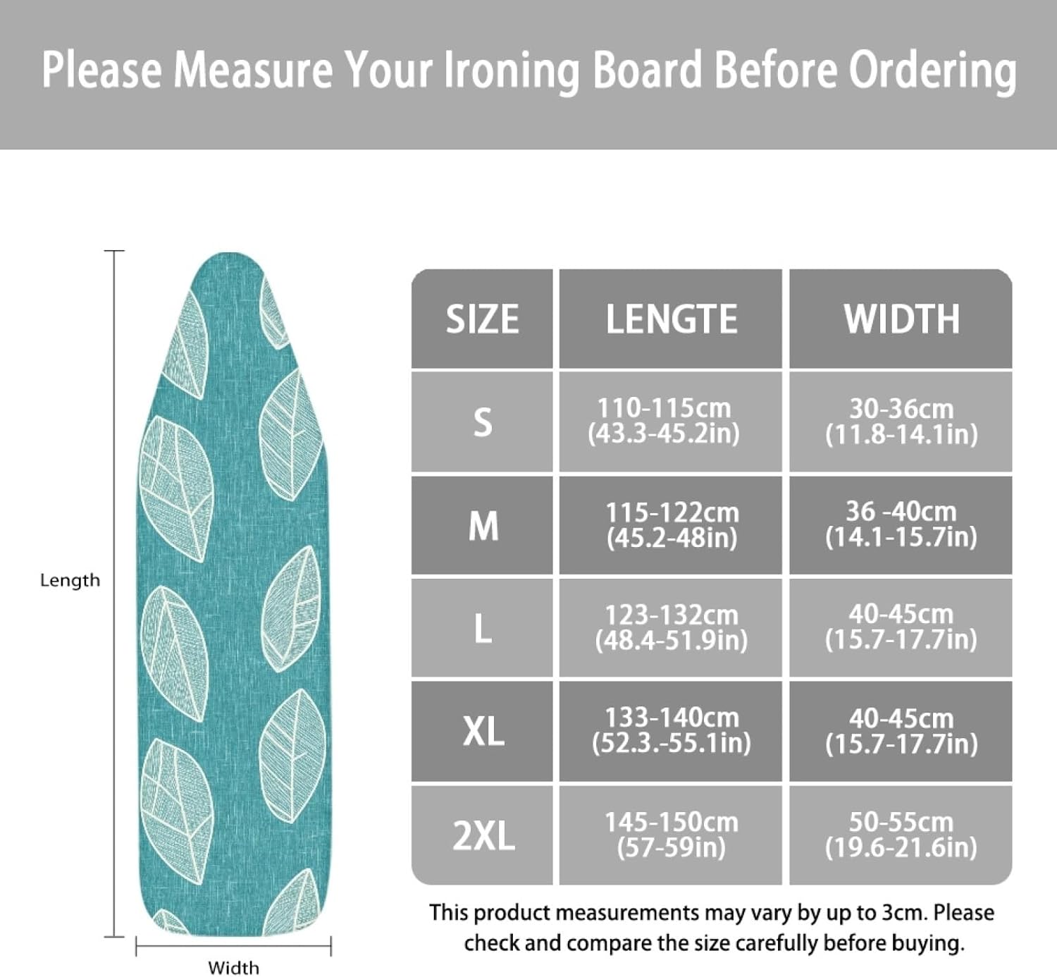 Ironing Board Cover 14x48 Teal Leaf Print Iron Board Cover with Padding Heat Reflective,Scorch Resistant Thick Padding,Snug Fit Non-Slip Nose Pocket Fastener Straps Elastic Edges