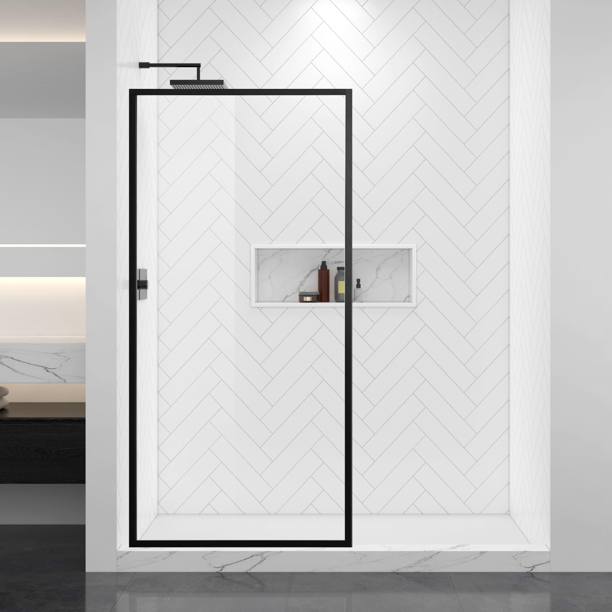 Photo 1 of FELYL Shower Glass Panel 36" W x 74" H, Matte Black, Framed Fixed Glass Panel, Clear 5/16" (8mm) SGCC Tempered Glass, Reversible Installation