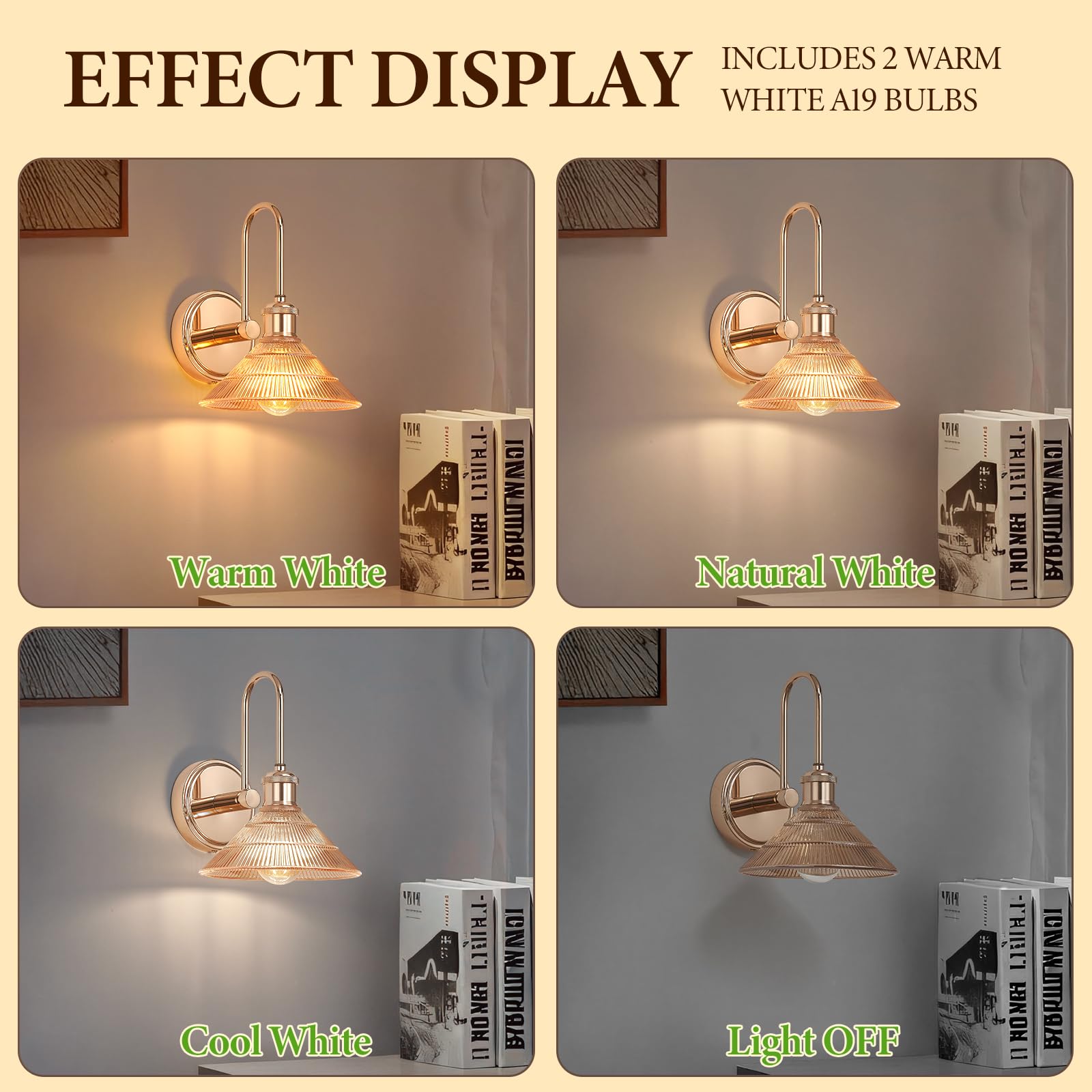 Wandleuchte Set 2-tlg, Goldfarben Vintage Wandlampe mit Rundem Bernsteingelben Glasschirm, Festverkabelte Wandleuchten für Schlafzimmer, Badezimmer, Wohnzimmer | Inkl. 2 LED Birnen