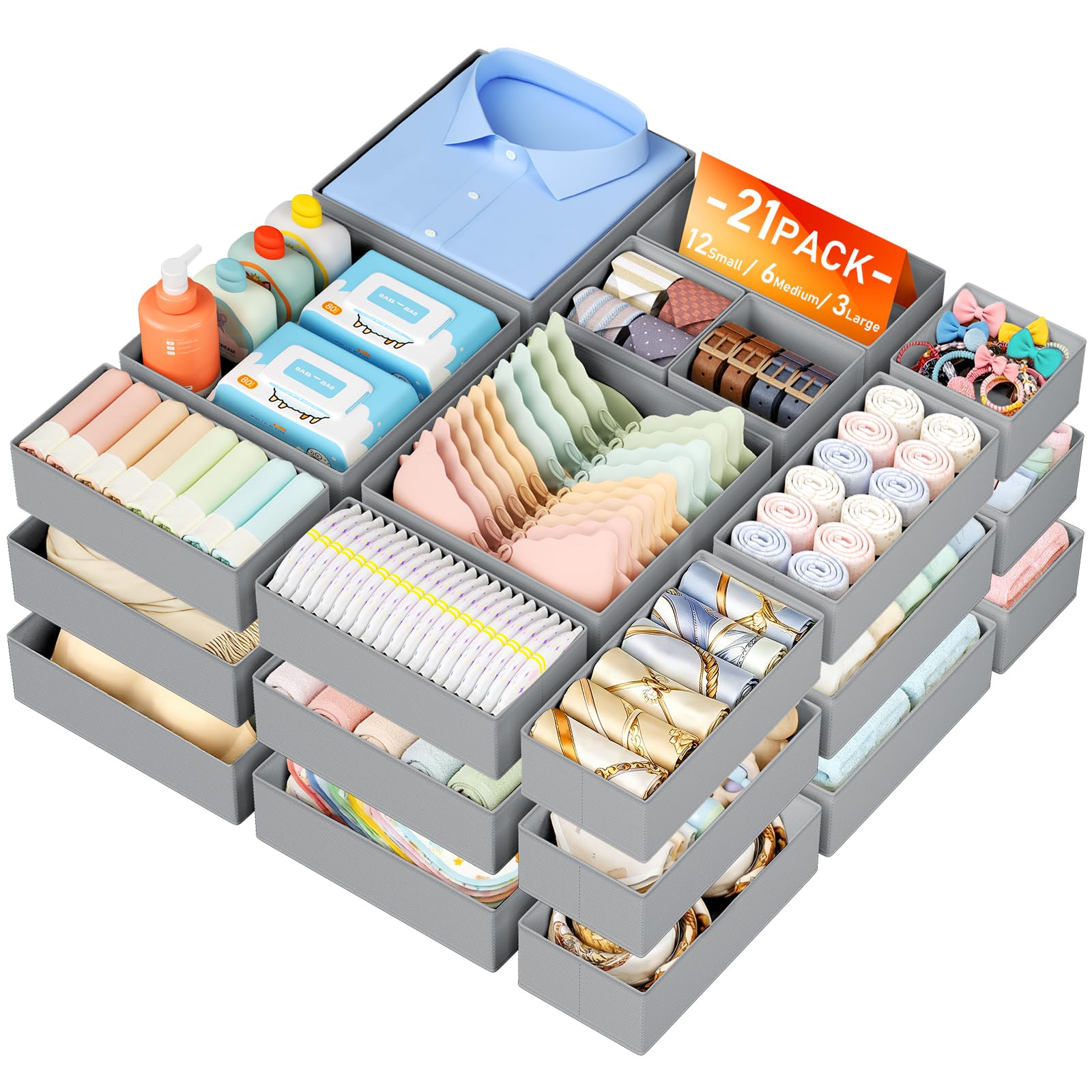 DIMJ Schubladen Ordnungssystem Schubladen Organizer - 21er Set Faltbare Aufbewahrungsbox Stoff, Unterwäsche Organizer Kleiderschrank für Babykleidung, Socken, Grau