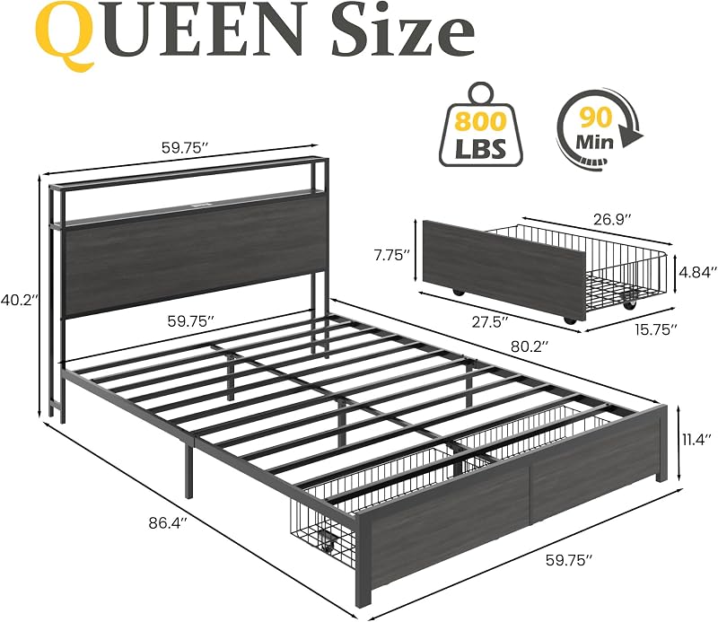 Queen Bed Frame with Charging Station, LED Lights, 2 Drawers, Rustic Grey image 2