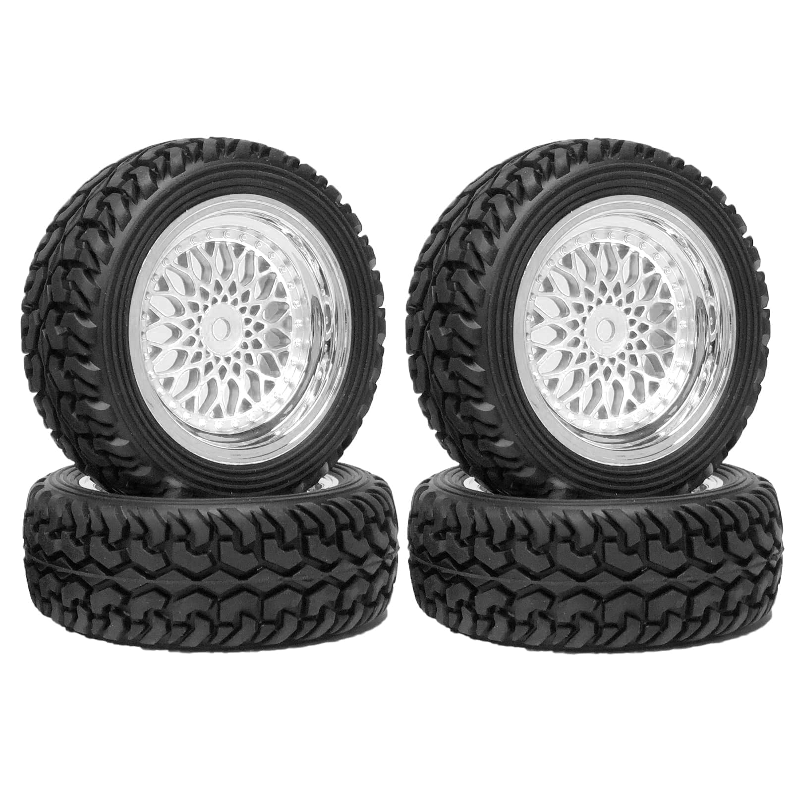 KINGCOO 4PCS 75mm RC Rally Rubber Tyre 1.9 inch Plating Plastic Wheel Rims Tires 12mm Hex for 1/14 1/16 1/10 RC On Road Racing Car for Kyosho HSP HPI SCX10 TRX4 Tamiya (Silver