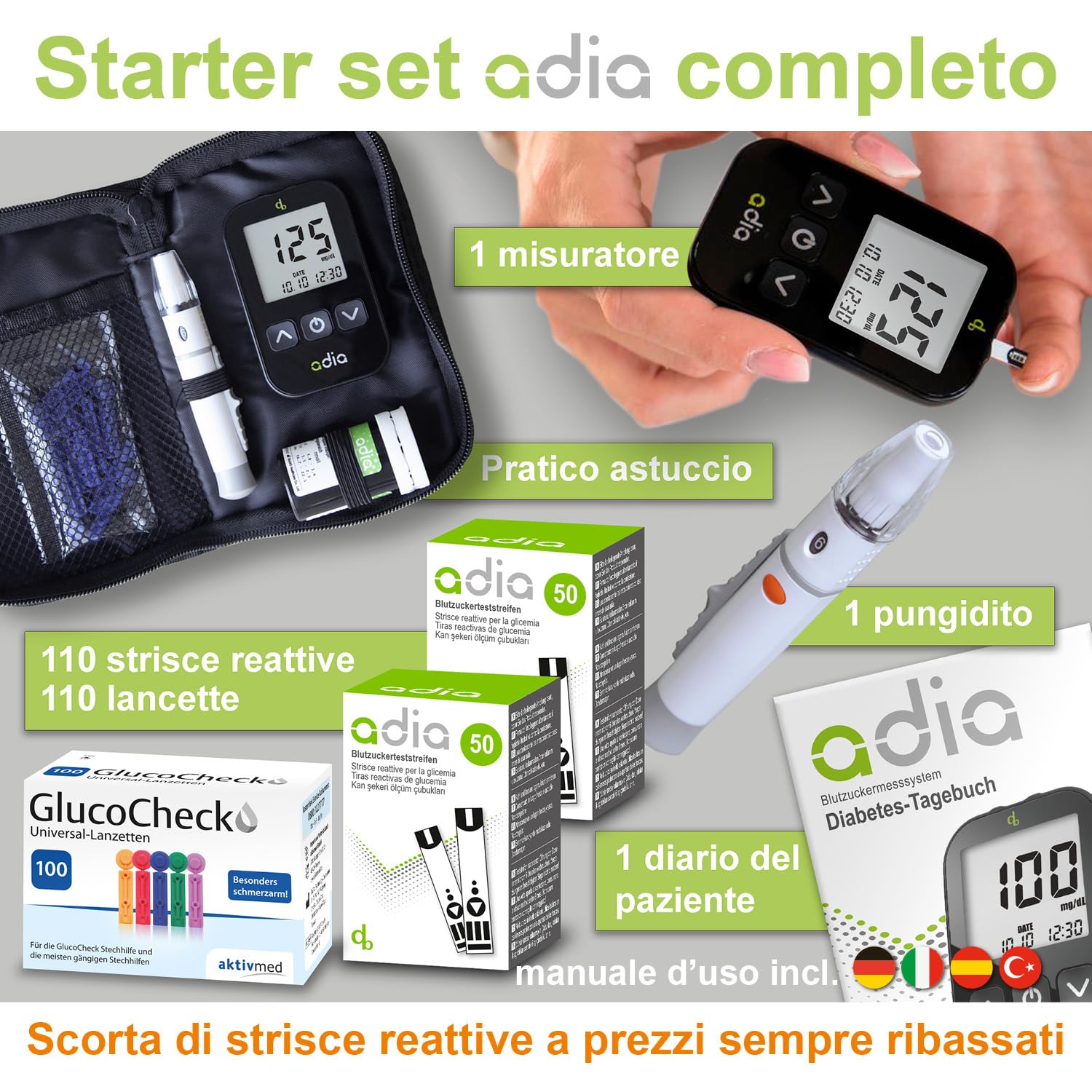 adia glucometro (mg) + 110 strisce per glicemia + 110 lancette, 1 pungidito, 1 astuccio, glicemia misurare kit completo per il monitoraggio della glicemia per diabetici