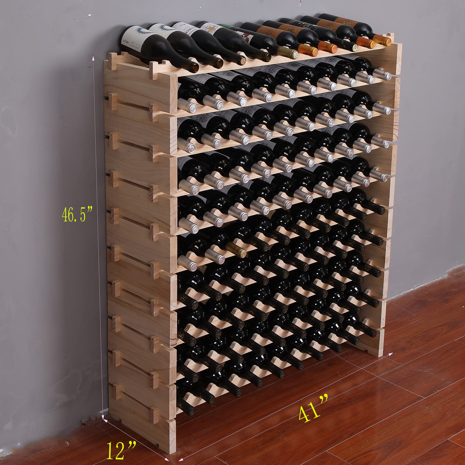 Estante de vino independiente para piso, almacenamiento apilable de madera, encimera modular, soporte de madera para vino (100 botellas)