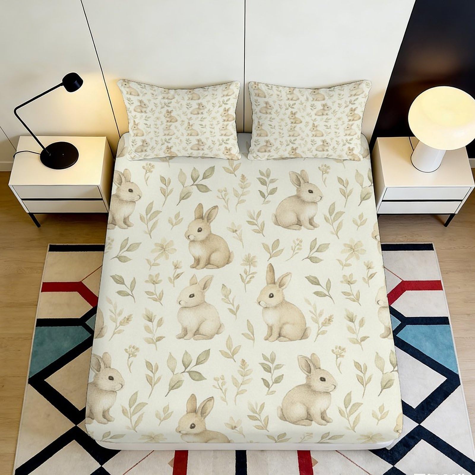3D Printed Bunny Meadow Fitted Sheet Microfiber Soft Breathable Woodland Rabbit Mattress Cover for Bedroom Dorm Decor 90x200x25cm