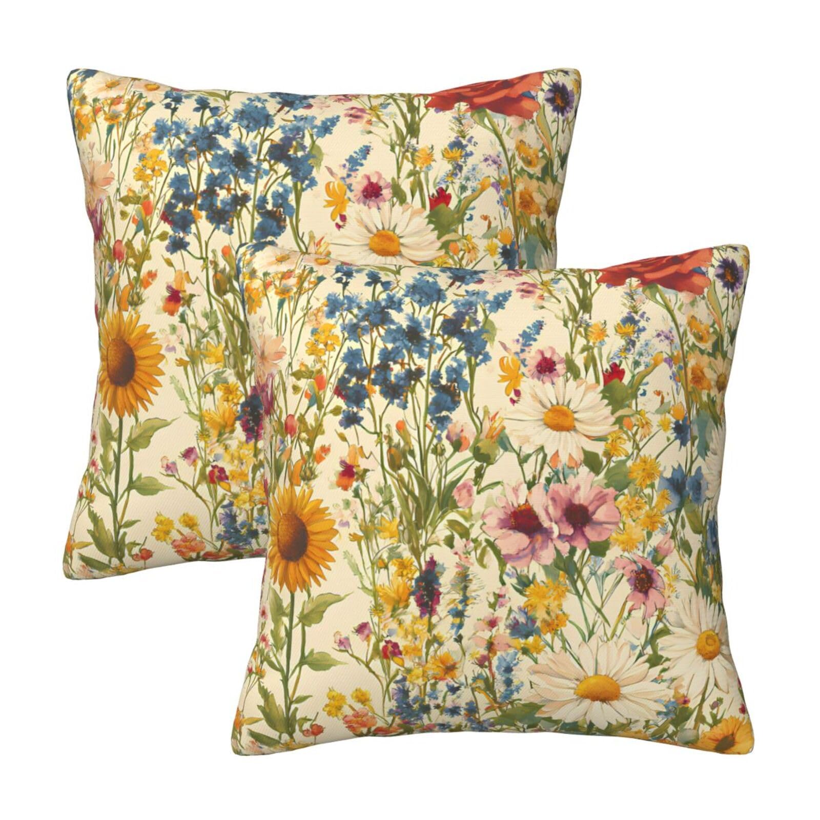 HOSTECCO Wildflowers Cushion Covers 45x45 cm Pack of 2 Dried Flowers Cushion Cases Floral Plant Farmhouse Velvet Decorative Pillow Covers for Sofa Couch Bedroom