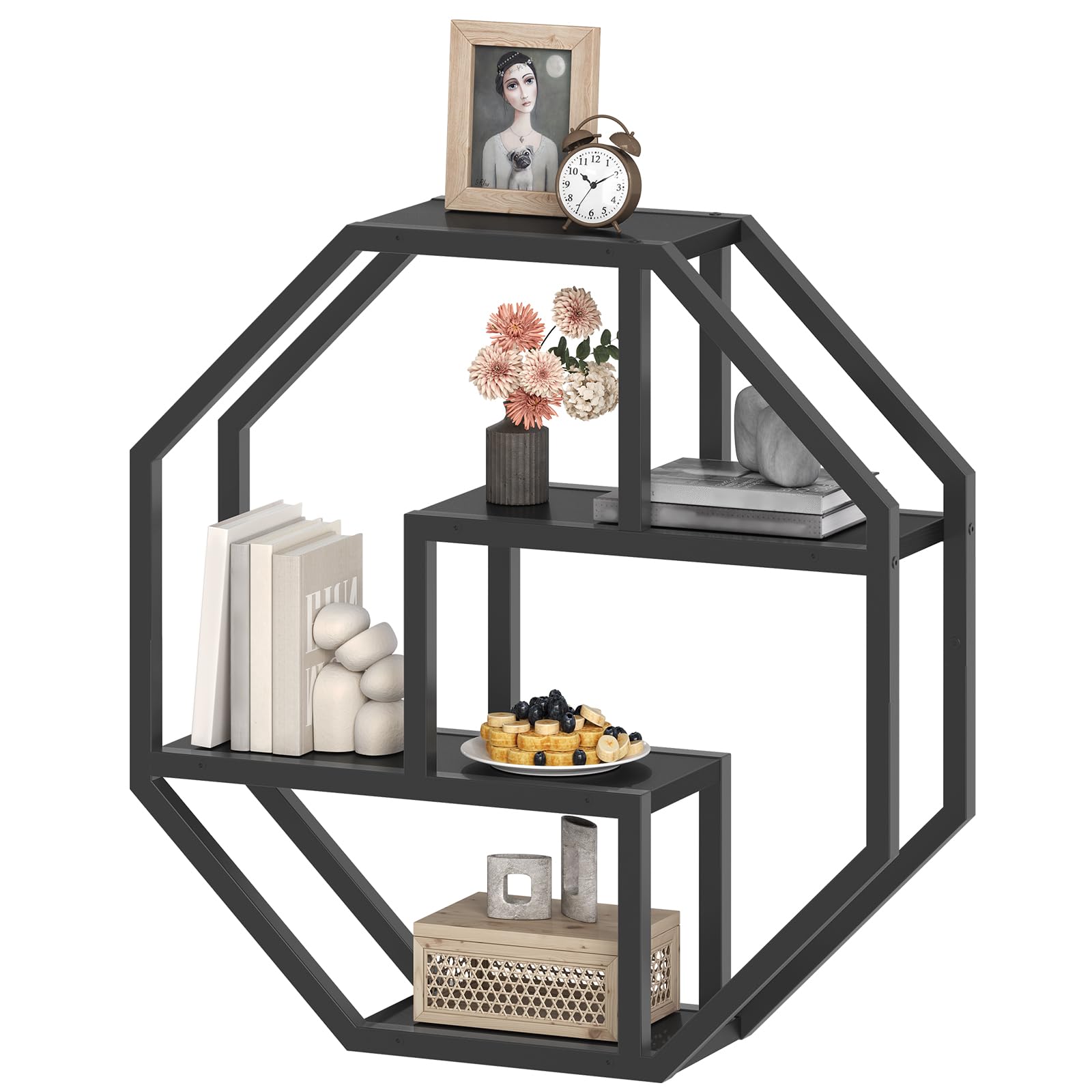 HOOBRO 4-stufiges Wandregal, dekoratives Schweberegal mit stabilem Metallrahmen, Regalbrett, wandmontiertes schwebendes Regal für Wohnzimmer, Schlafzimmer, Küche, Arbeitszimmer, Schwarz EBK67BJ01