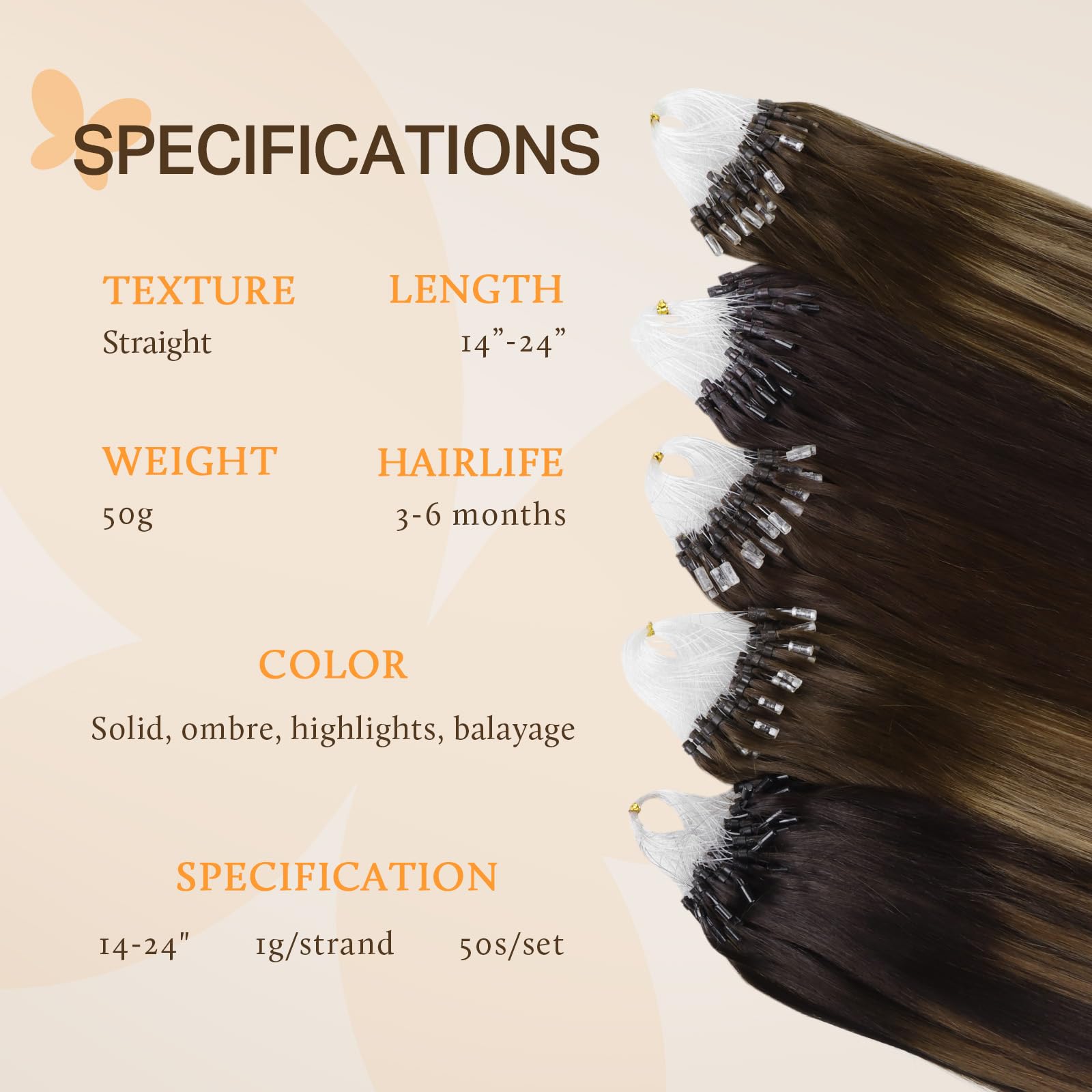 DOORES Micro Hair Extensions Real Human Hair, Chocolate Brown to Caramel Blonde 14 Inch 50g 50s - Image 2