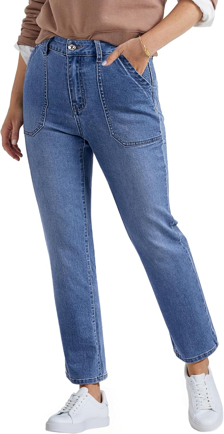 luvamia Straight Leg Jeans for Women Trendy High Waisted Stretchy Denim Pants Ankle Length Patch Pocket Trouser Jeans