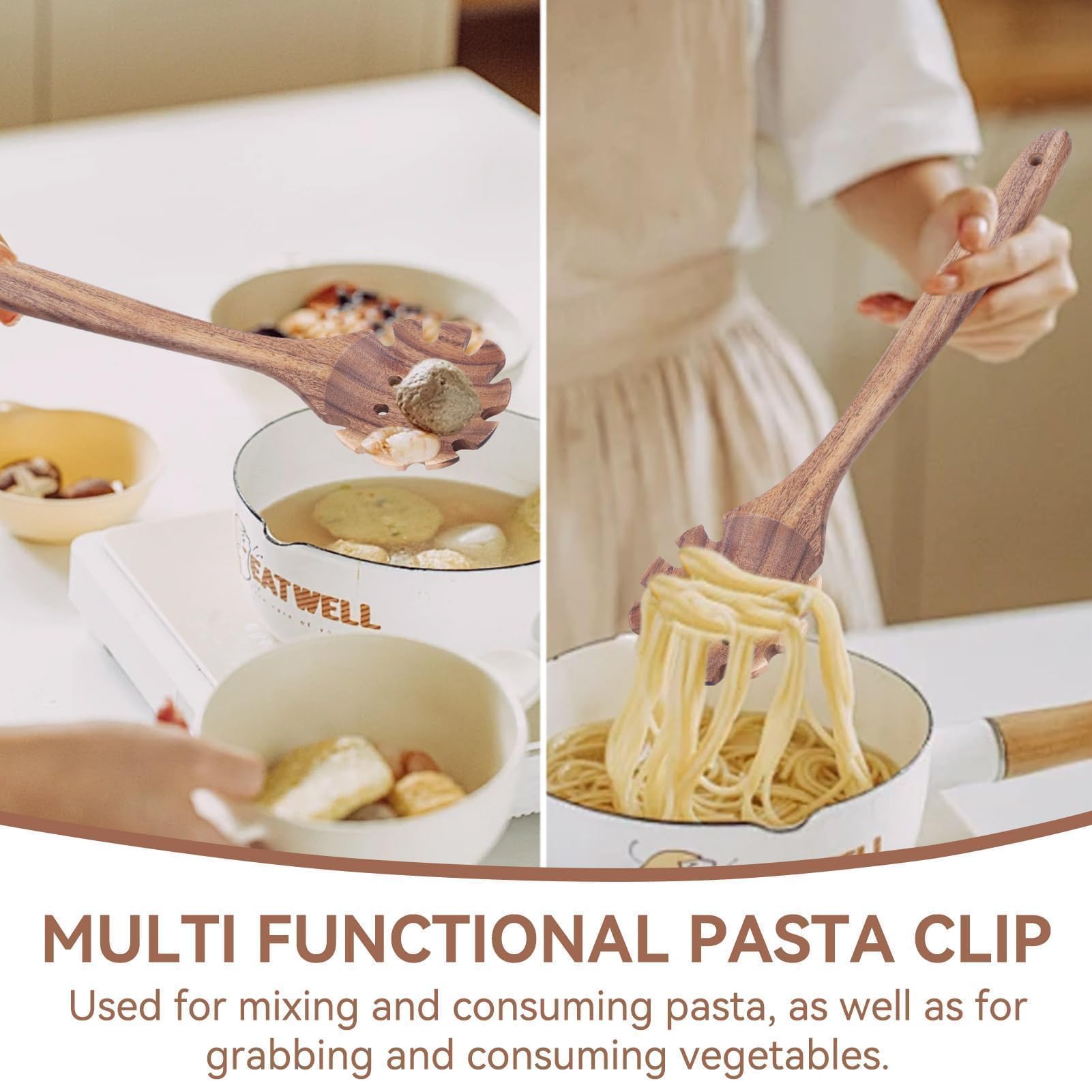 2Pcs Forchetta per Pasta in Legno, Cucchiaio per Pasta Server Cucchiaio per Spaghetti con Denti Cucchiaio per Pasta con Intaglio Cucchiaio per Sollevamento Pasta per Scolapasta per Spaghetti