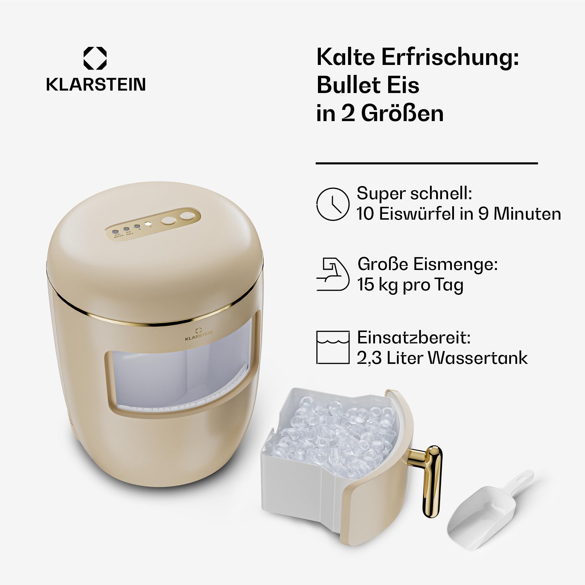 Klarstein Eiswürfelmaschine für Zuhause Camping Gastro, Schnelle Mini-Eiswürfelmaschine Klein, Profi Eismaschine für Große & Kleine Eiswürfel, Selbstreinigend, 2,3L Wassertank, 15kg Eis in 24h