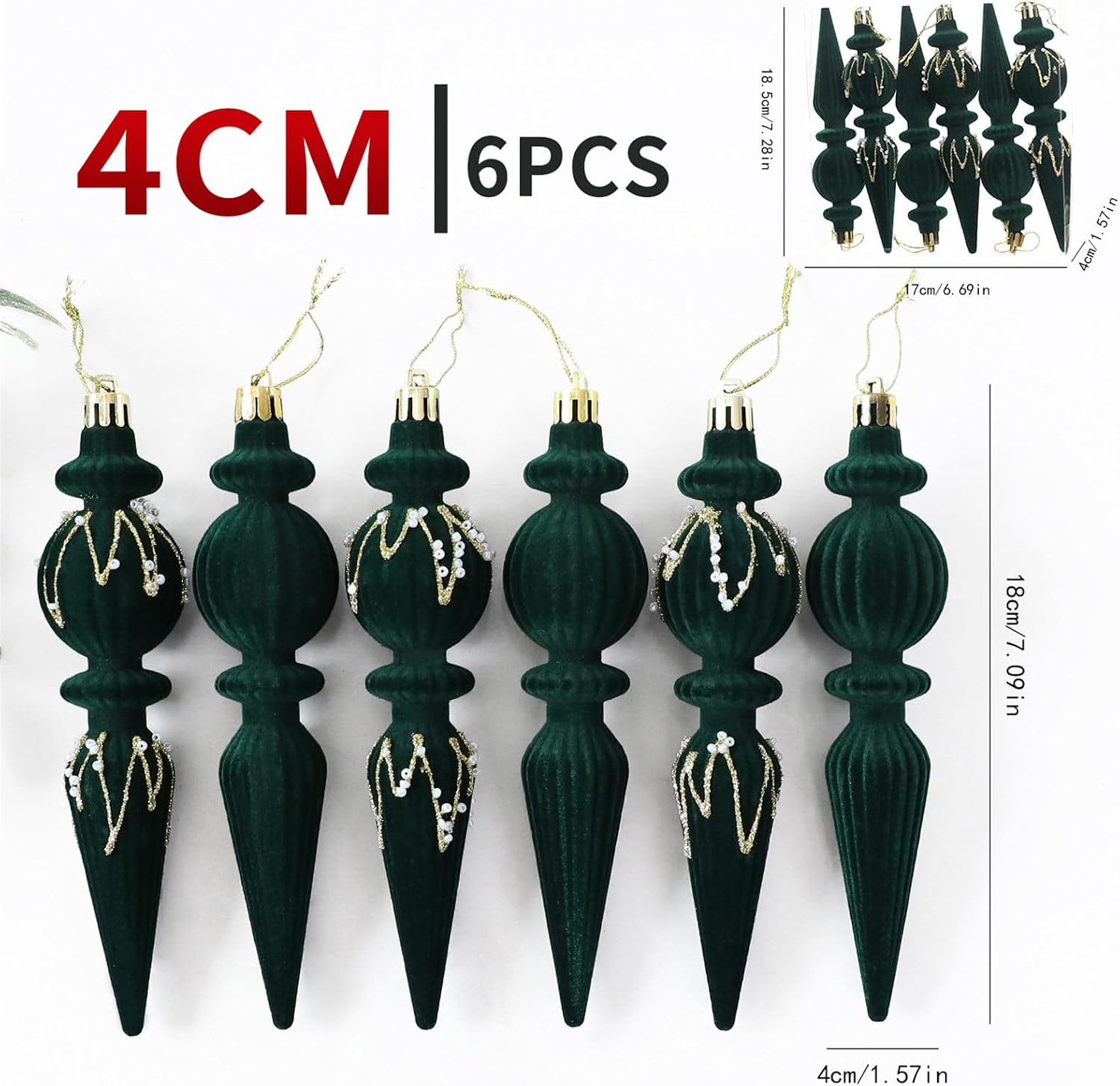 Ready Cord Christmas Finial Ornament Set, Green