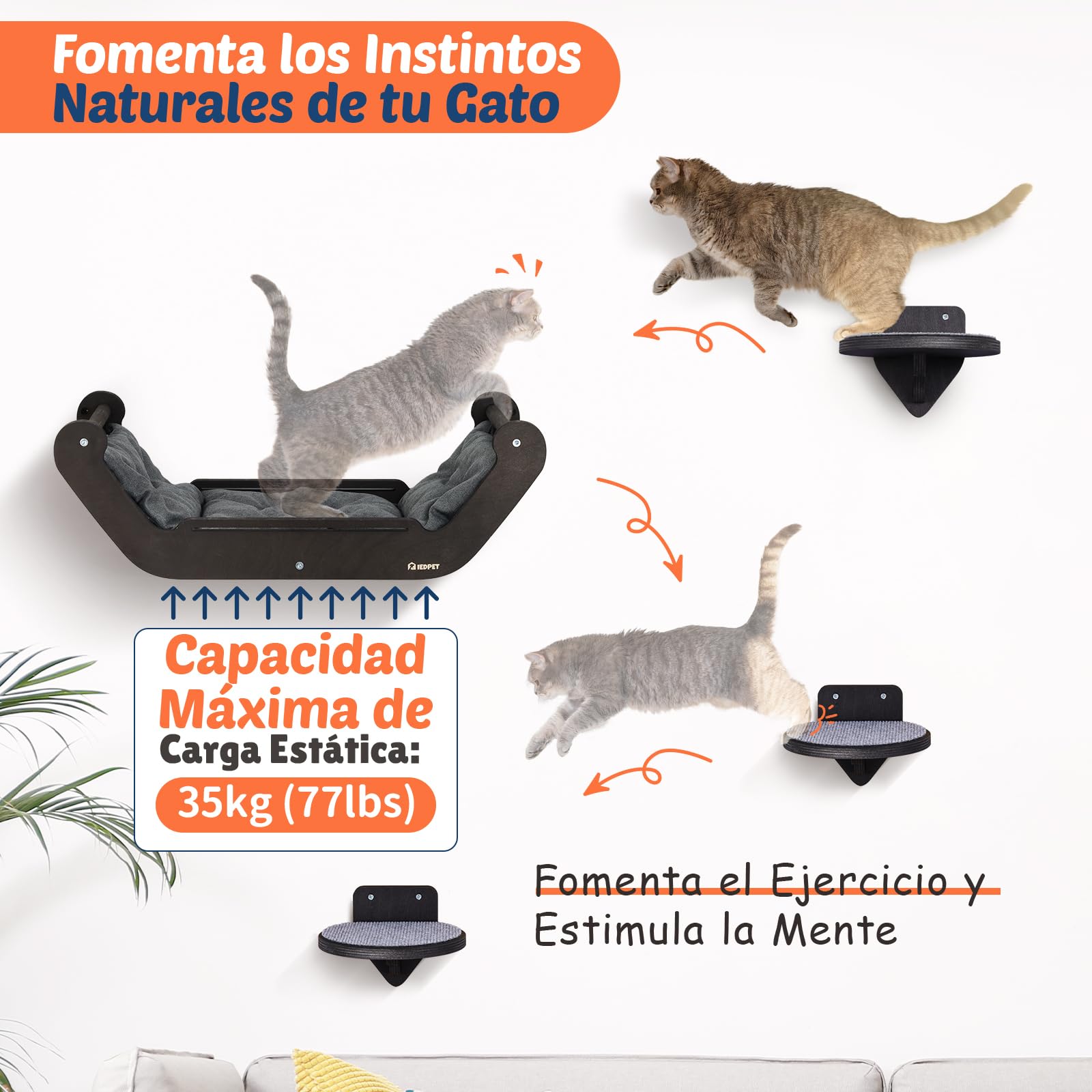 Estantes de Pared para Gatos con Hamaca de Pared para Gato y Estante de Pared de 3, Muebles de Madera para Gatos, Escaleras para Gatos para Jugar, Escalar y Dormir (XL, ​​Cama para Gatos​)