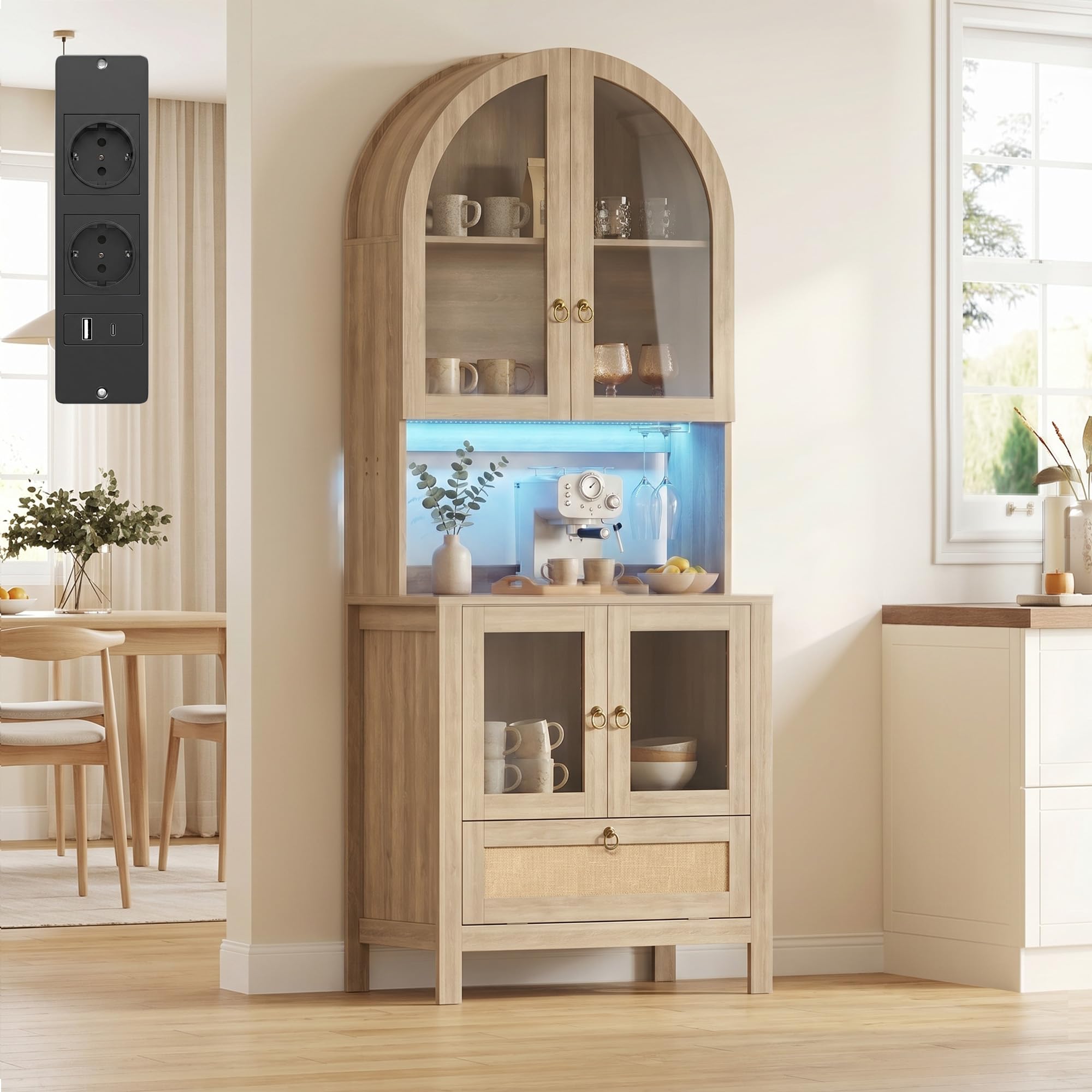 GRAVFORCE Küchenschrank mit Arbeitsplatte und Steckdose – 190cm Buffetschrank mit LED Sideboard Küche Glastür verstellbaren Böden Vorratsschrank Kippsicherung für Küche Esszimmer Holzfarbe