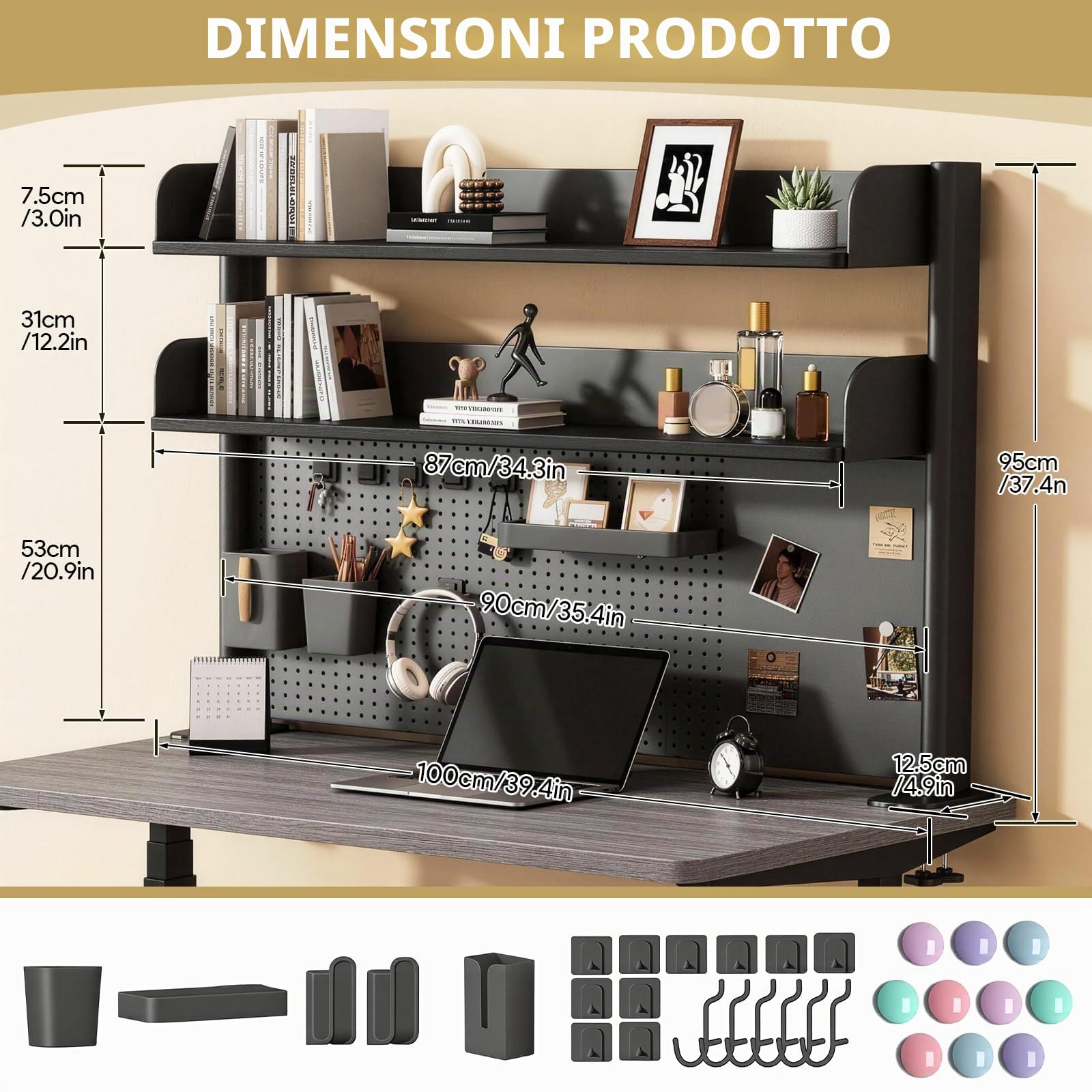 Scaffale da scrivania a 2 ripiani, 100 cm, con pannello forato | Scaffale organizer da scrivania per accessori, altezza regolabile, per casa, ufficio o dormitorio