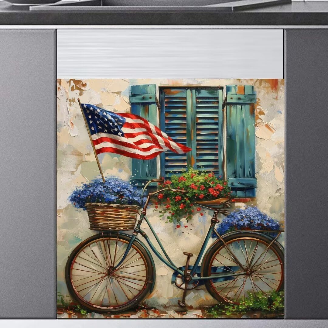 Vintage American Flag Dishwasher Magnet Cover, Patriotic Bike Fridge Panel Door Sheet, Refrigerator Magnetic Skin Vinyl Decal for Home Kitchen Decorative