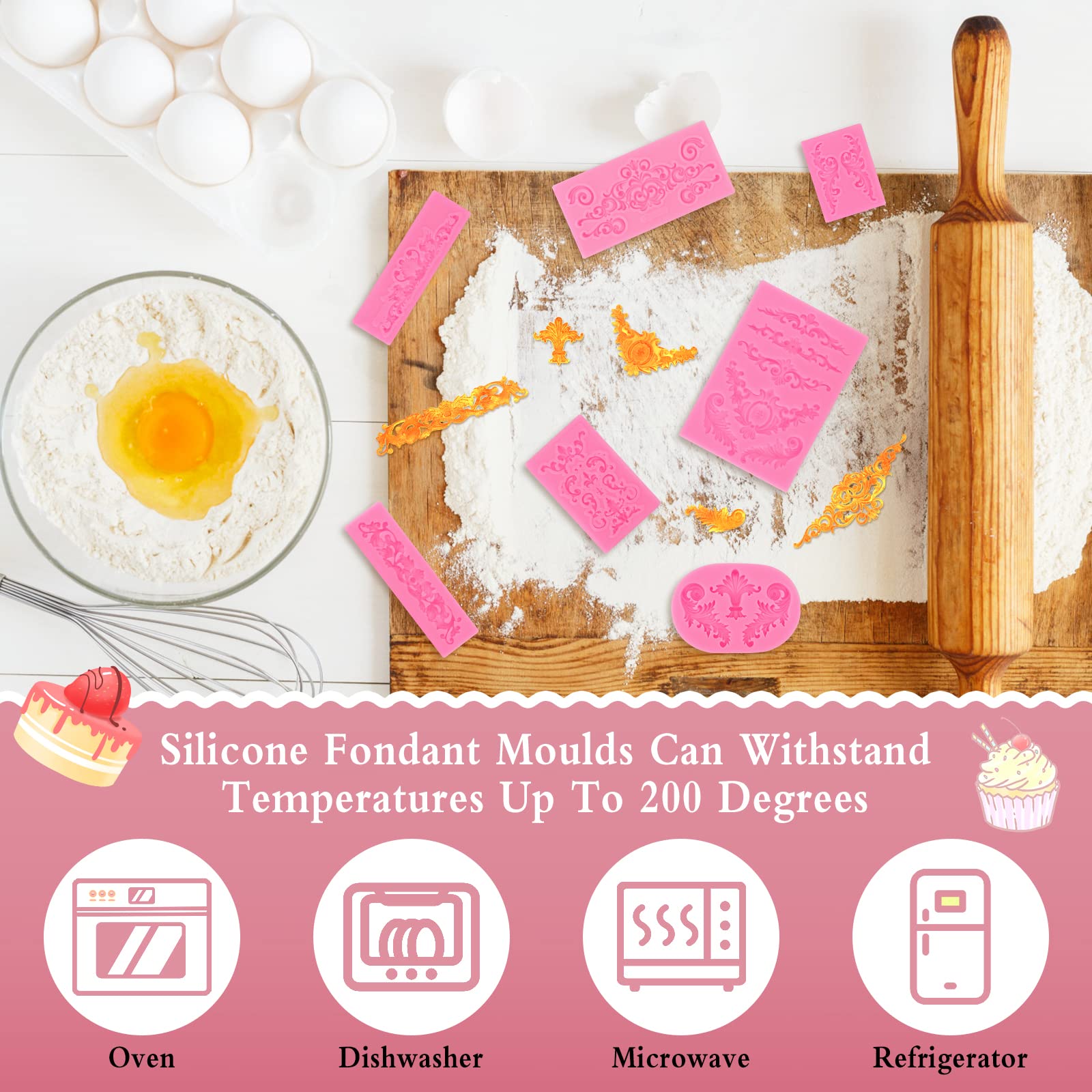 Griwuut 3-pack fondant siliconen mal 3D barok gebeeldhouwde cakevorm retro reliëf met rolrand en reliëfkant ideaal voor taartdecoratie chocolade klei snoep & suikerwerk DIY