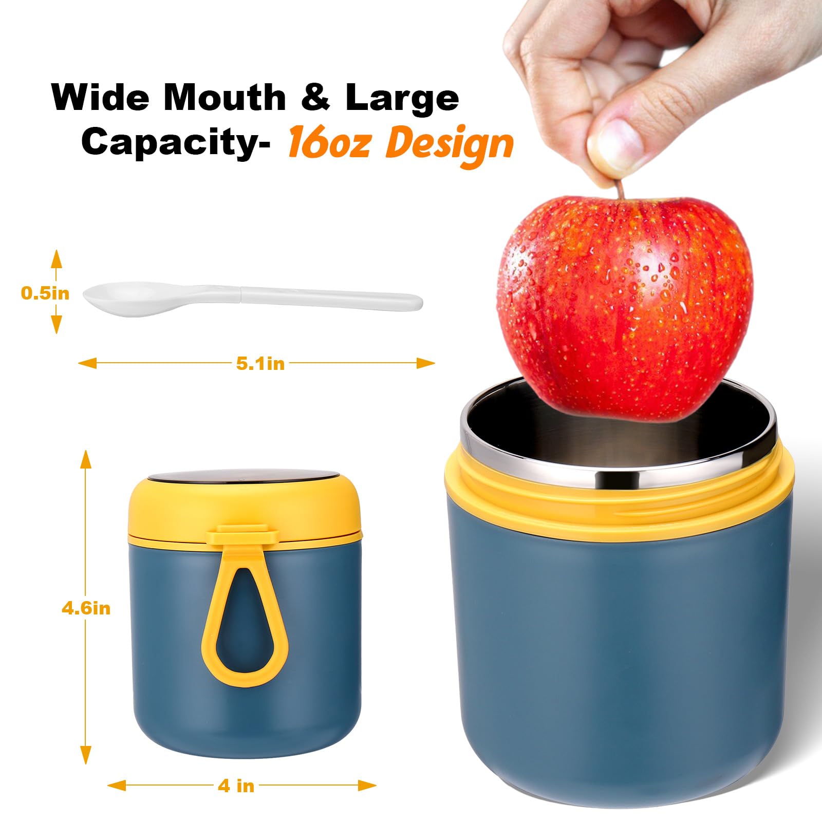 Contenedor térmico aislado de 16 onzas para alimentos calientes, termo de acero inoxidable a prueba de fugas para niños con boca ancha y cuchara plegable, adecuado para alimentos calientes y 2