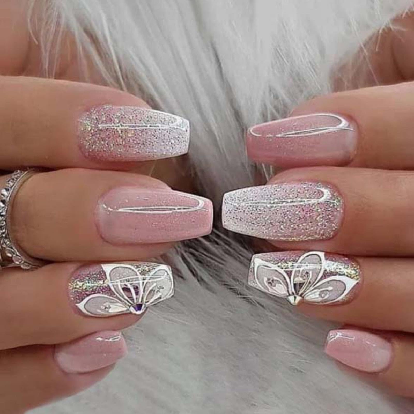 Butterfly Press on Nails Medium Square Fake Nails Pink Gradient Glue on nails White Glitter False Nails Full Cover Artificial Acrylic Nails Glossy Flower Stick on Nails for Women Girls Manicure 24pcs