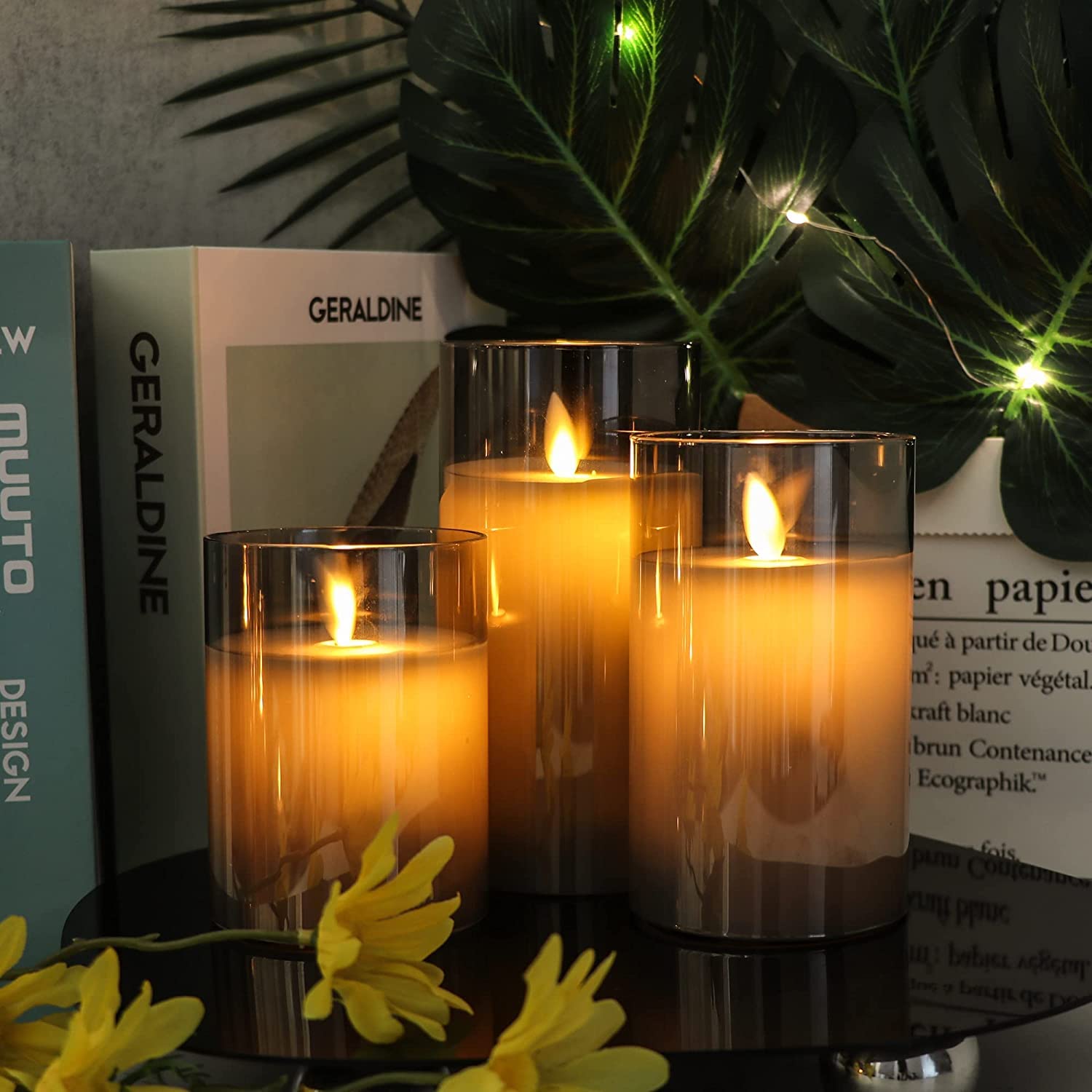 Candele LED, Flickering Flameless Candele, Candele LED a Ricaricabile con Glass, Candele con Telecomando, Realizzato in Vera Paraffina, Funzione Timer 24 Ore per Decorazione,Festa, Vacanze-10cm Grigio