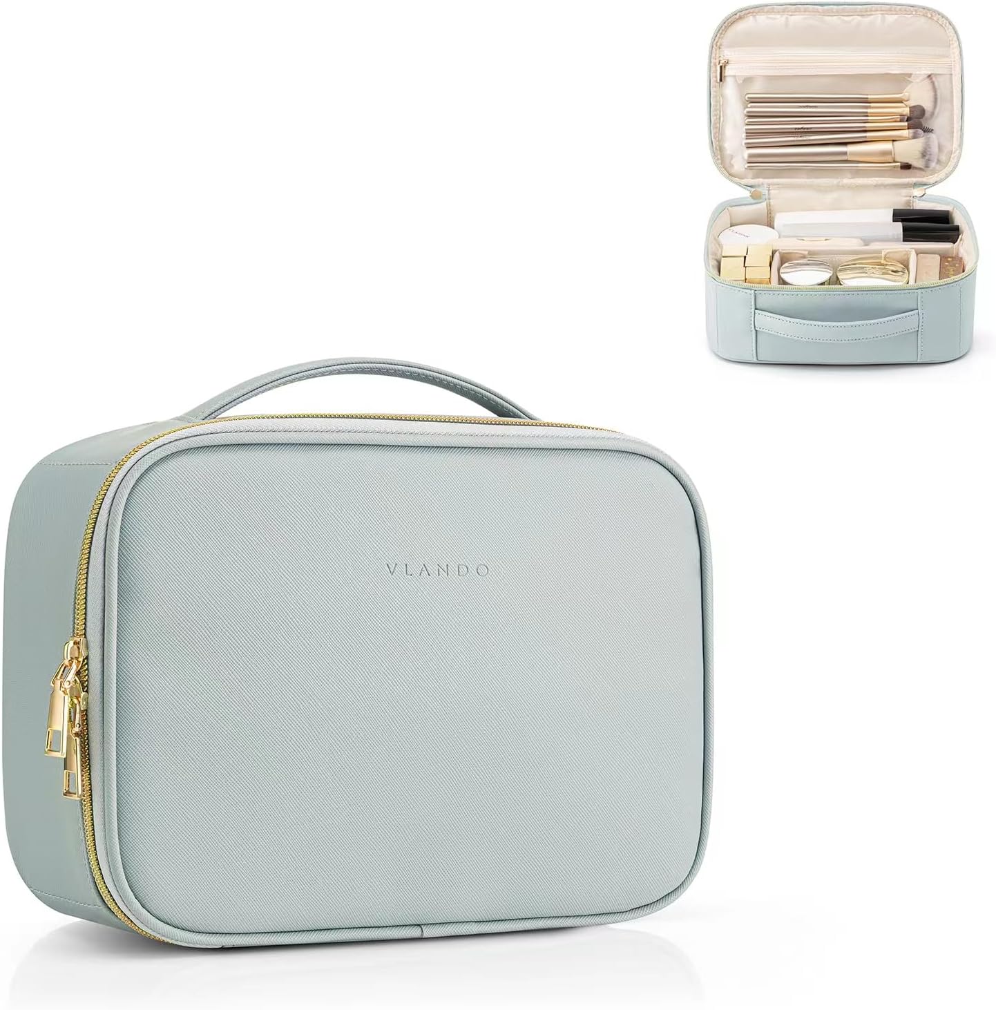 Vlando Travel Makeup Bag,Portable Cosmetic Bag Makeup Case Organizer, Makeup Bag with Adjustable Dividers for Women,Girls,Wedding,Cosmetic Brushes,Toiletry,Gifts,Anniversary-Blue