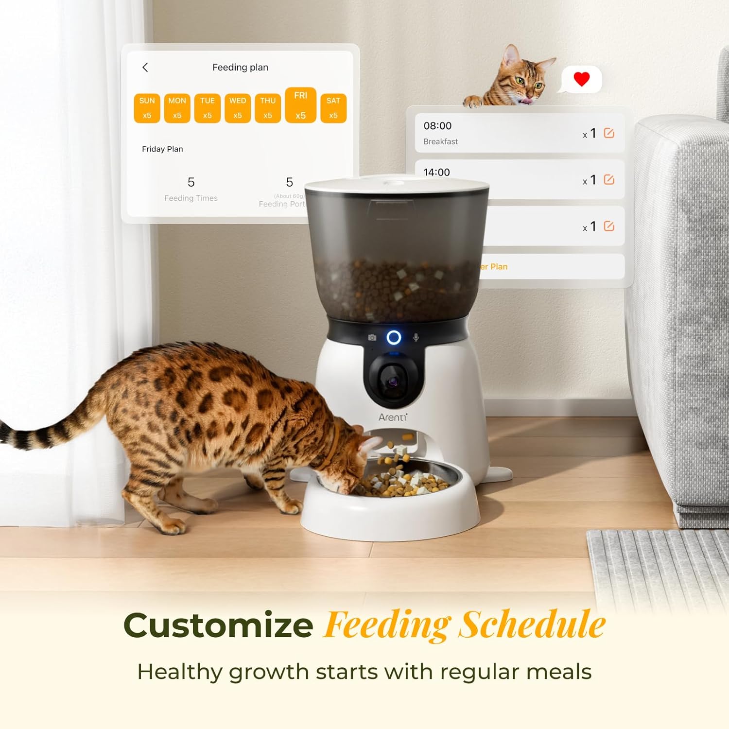 ARENTI Automatic Cat Feeder and Water Dispenser with Camera, 2K Adjustable View & Invisible Privacy Mode, 4.5L Cat Food Dispenser Fountain Combo, 5G/2.4G WiFi, 2-Way Audio, AI Alerts, Battery Backup